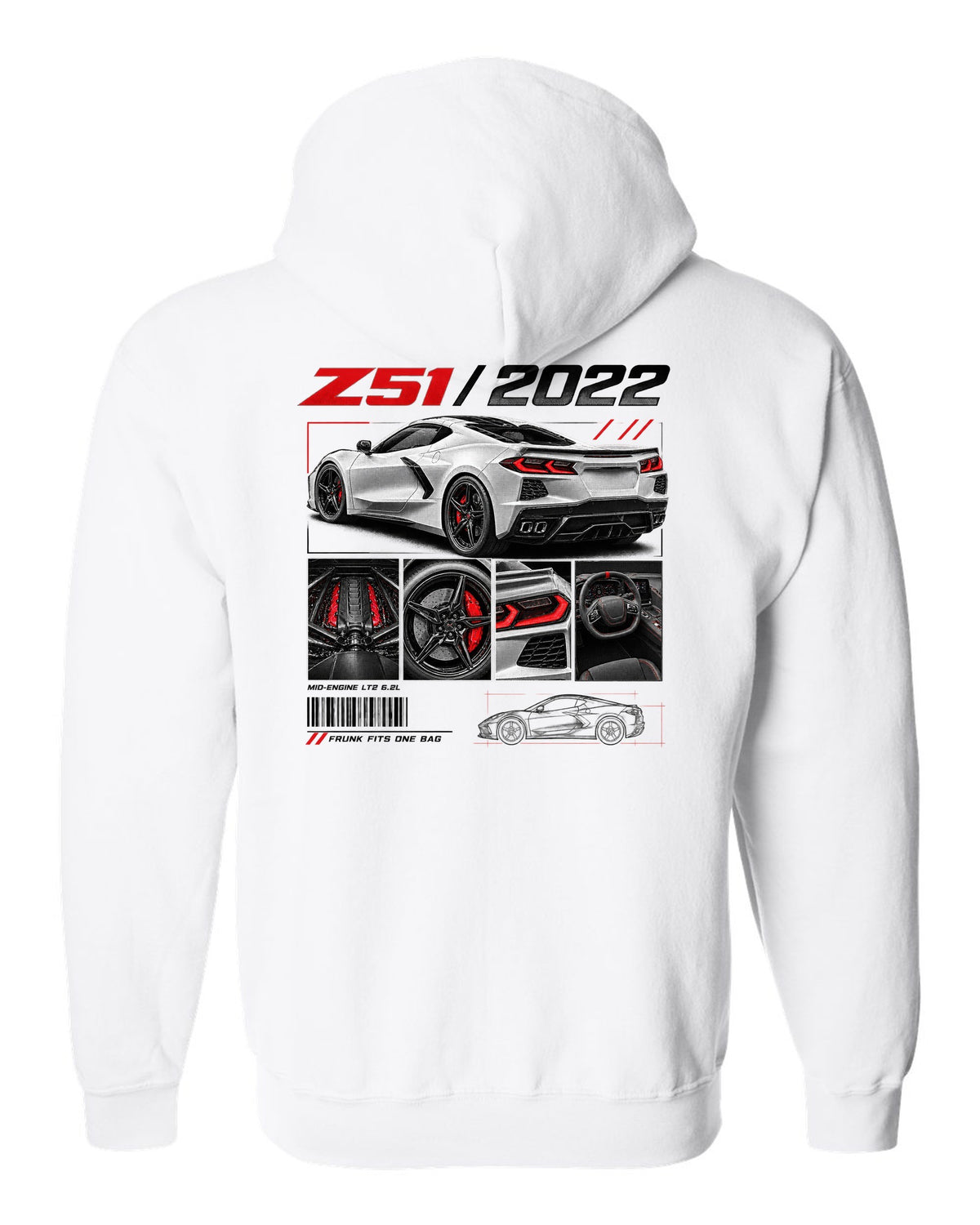 Corvette C8 Stingray Z51 2022 in dossier panels white zip hoodie back view with the design