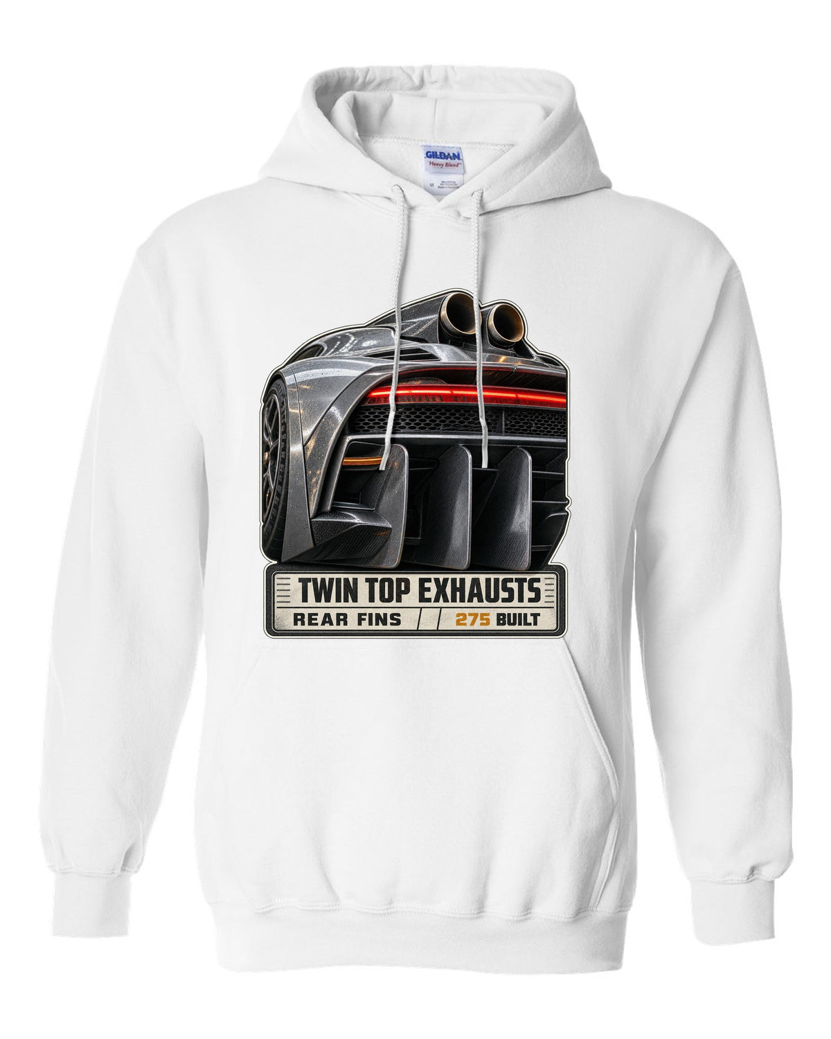 Mercedes-AMG One rear taillight and twin top exhaust macro white pull over hoodie front view with the design