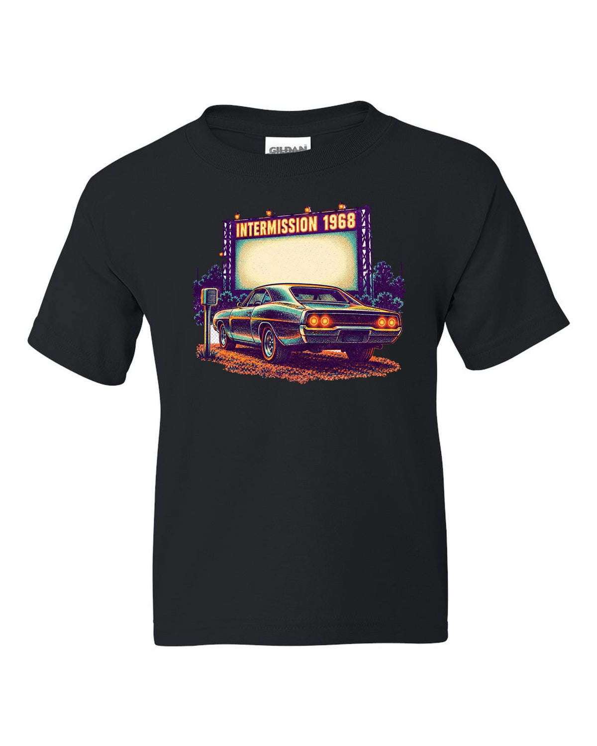 Risograph spot colour drive-in scene with a 1968 Dodge Charger R/T and INTERMISSION text black kids tee front view with the design