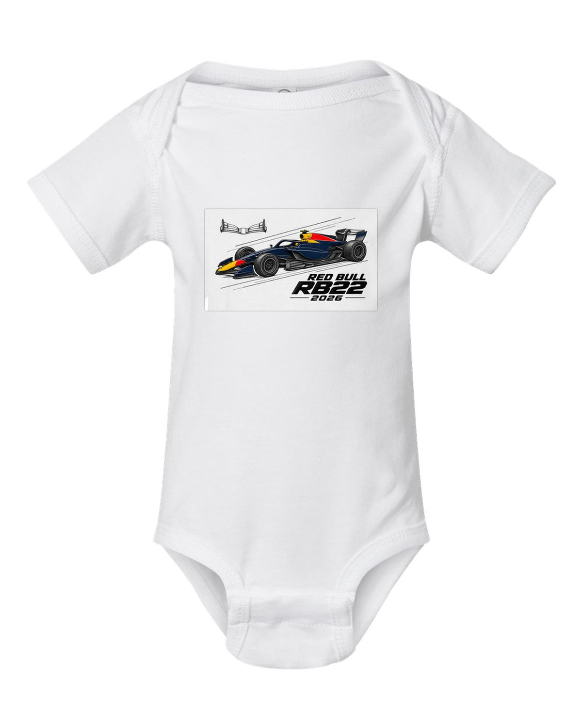 Red Bull RB22 2026 F1 car technical poster artwork white baby onesie front view with the design