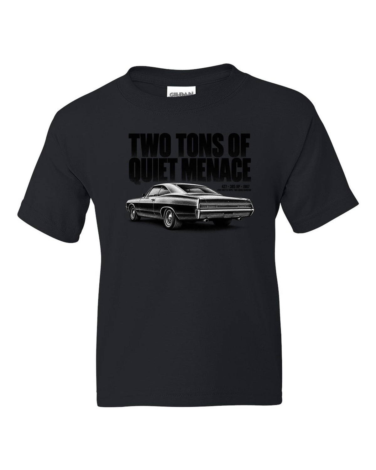 1967 Impala SS 427 two-door hardtop halftone print with 385 HP text black kids tee front view with the design