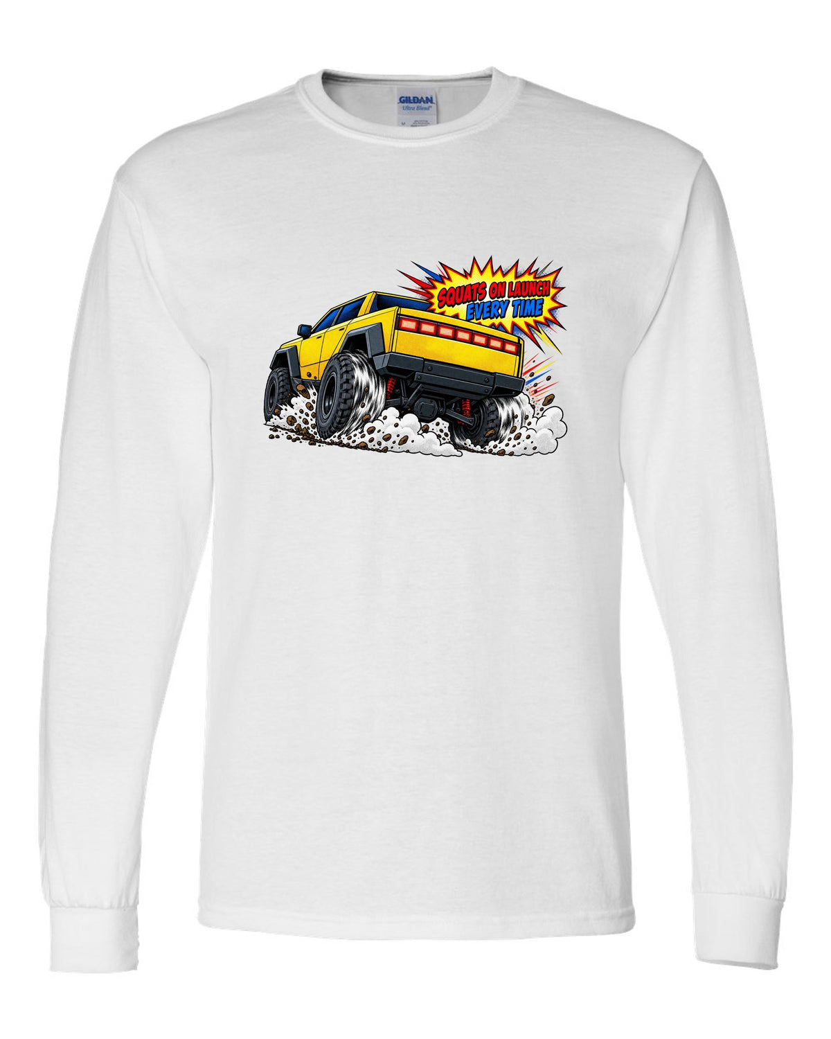 GMC Hummer EV comic halftone print with the words Squats On Launch Every Time white long sleeve front view with the design