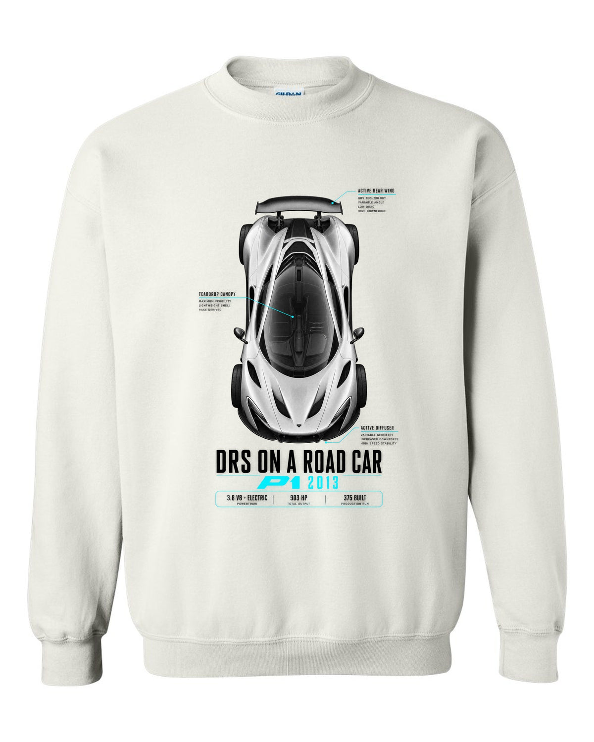 Spec poster print of a 2013 McLaren P1 with DRS on a road car text white crewneck front view with the design