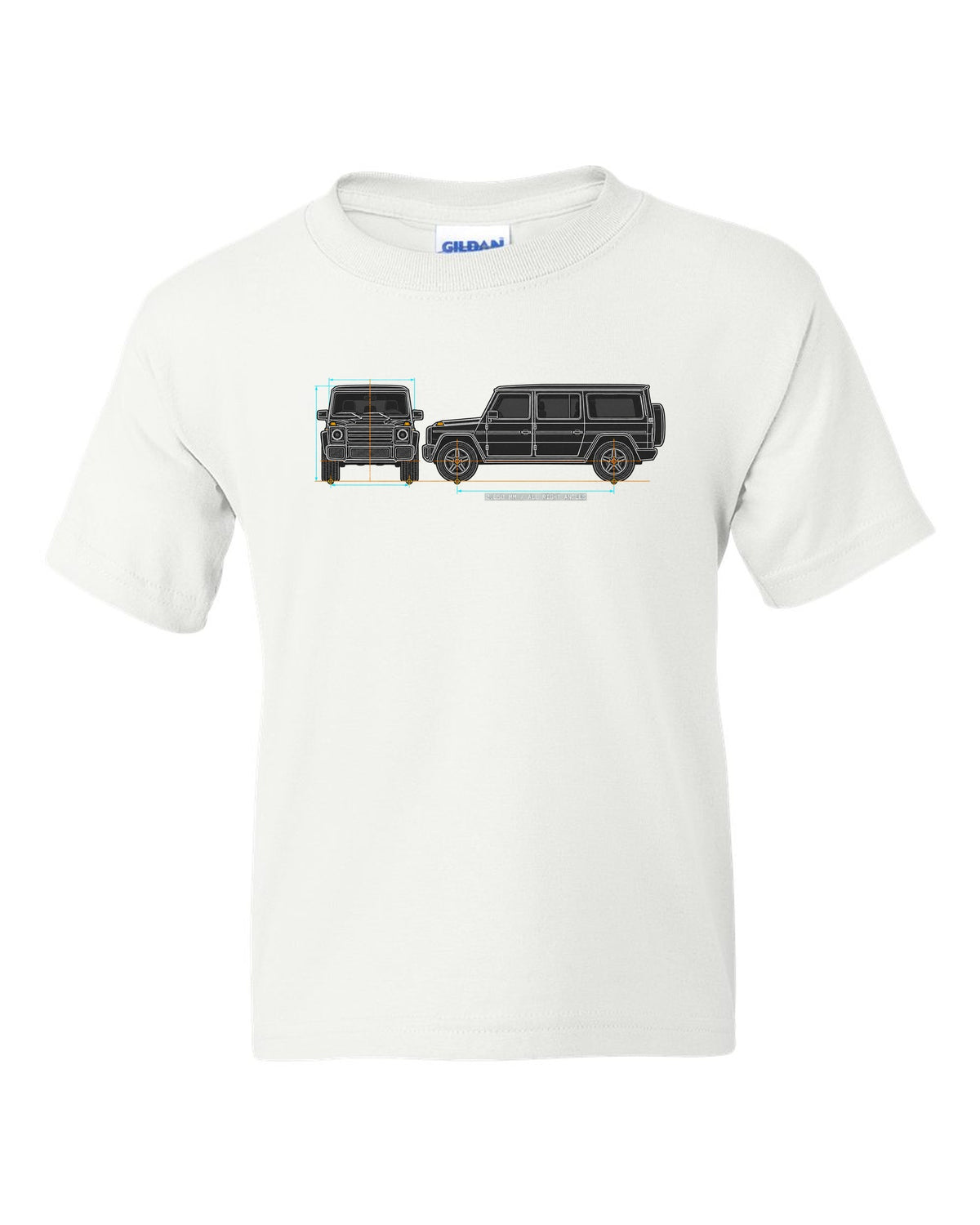 Neon outline graphic of a Mercedes SLS AMG C197 with gullwing doors open, print white kids tee front view with the design
