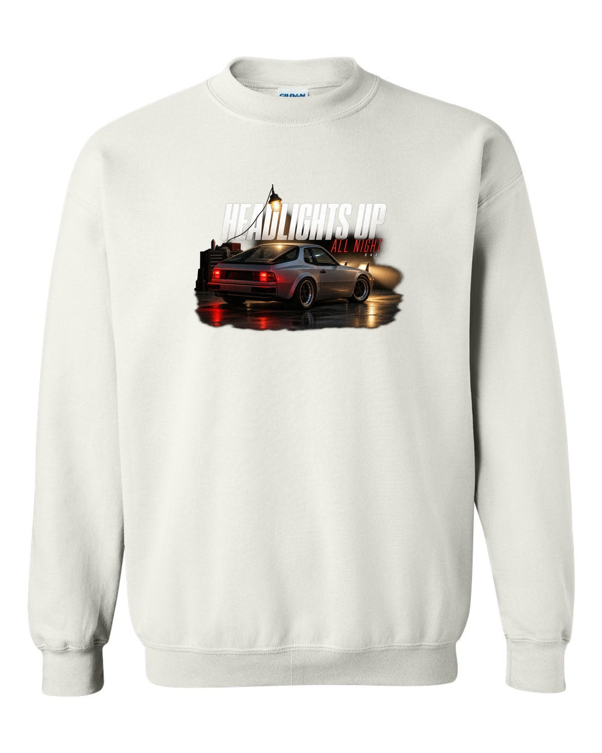 Garage night print of an early Porsche 944 with pop-up headlights raised white crewneck front view with the design