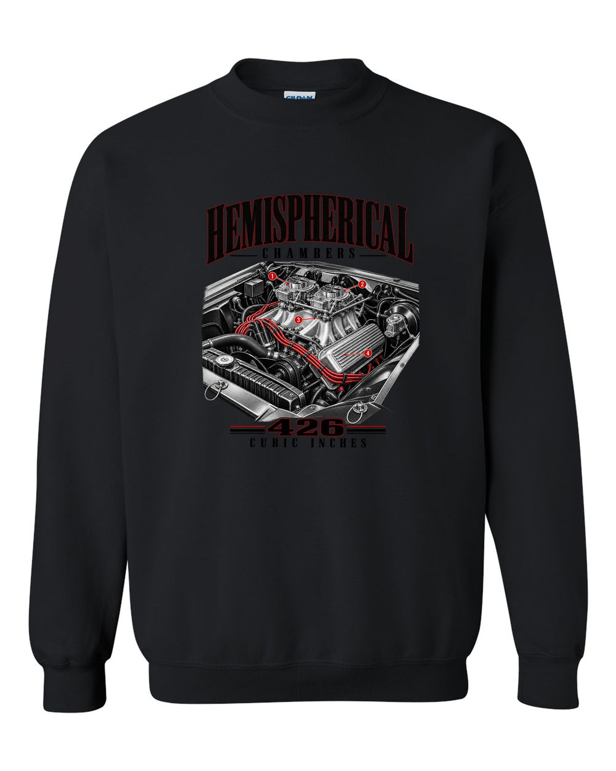 Engine hero print of a 1970 Plymouth Cuda E-body 426 Hemi black crewneck front view with the design