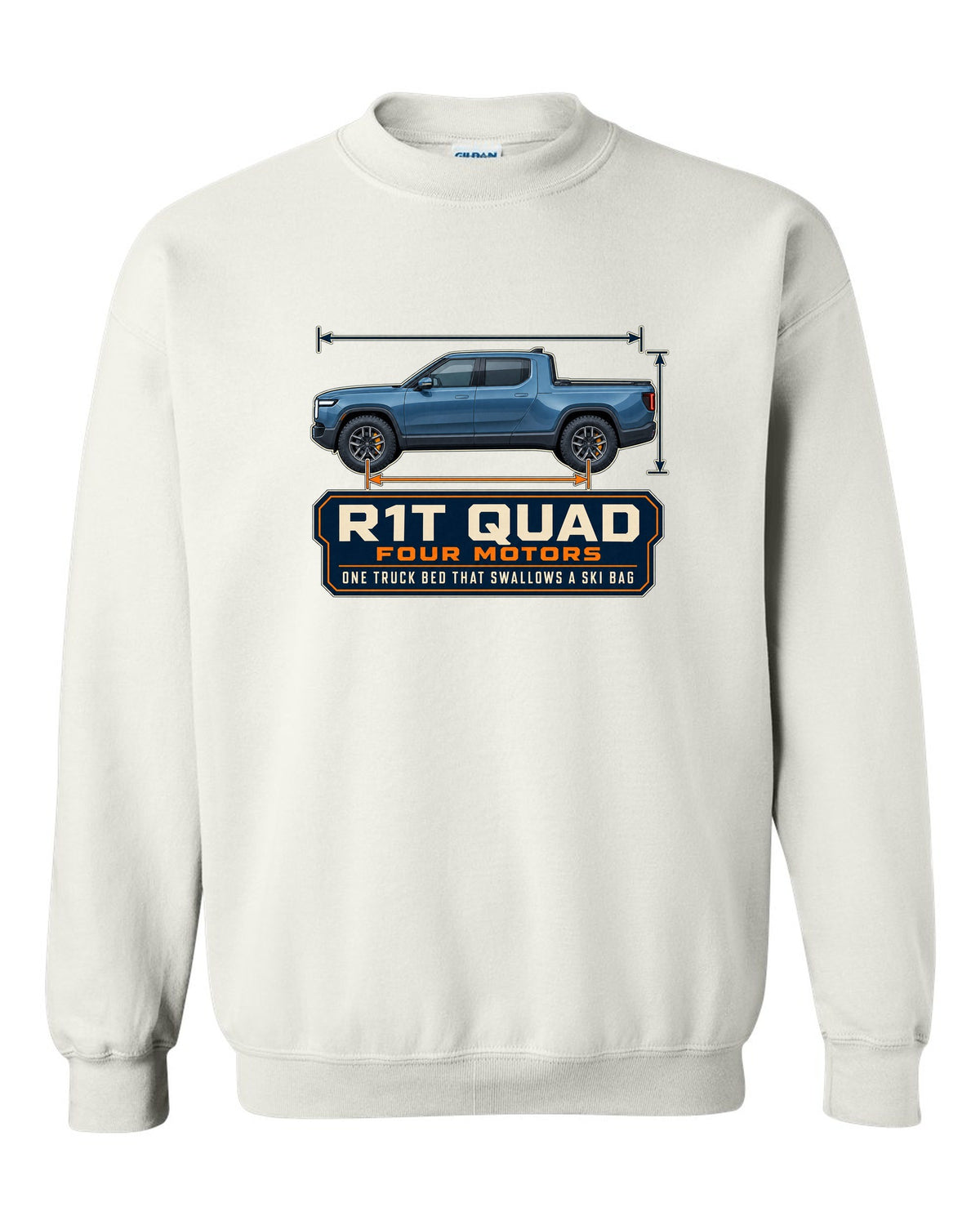 Dimension blueprint print of the Rivian R1T quad-motor electric truck white crewneck front view with the design