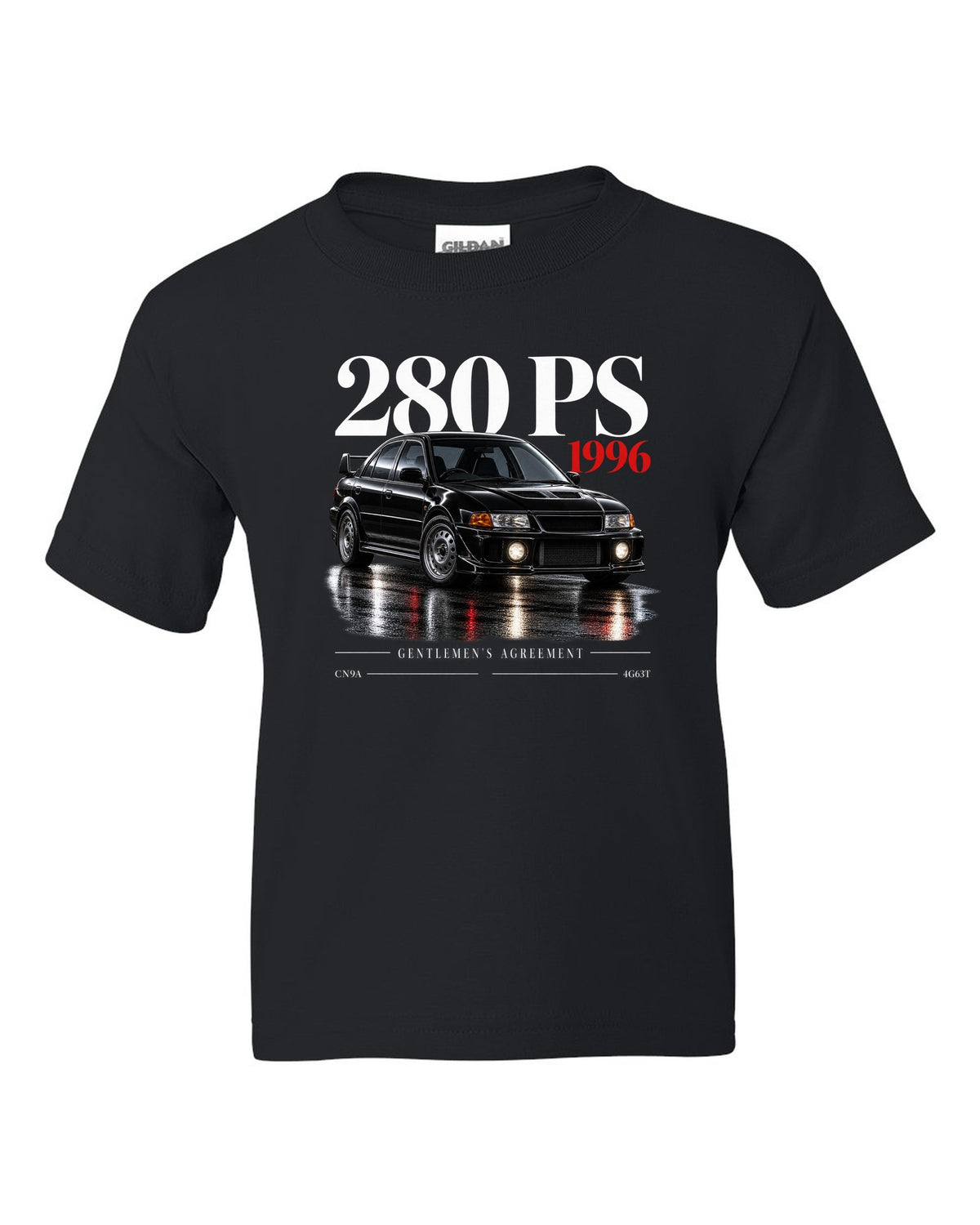 Editorial headline print for the Mitsubishi Lancer Evolution IV CN9A reading 280 PS, 1996, Gentlemen's Agreement, 4G63T black kids tee front view with the design