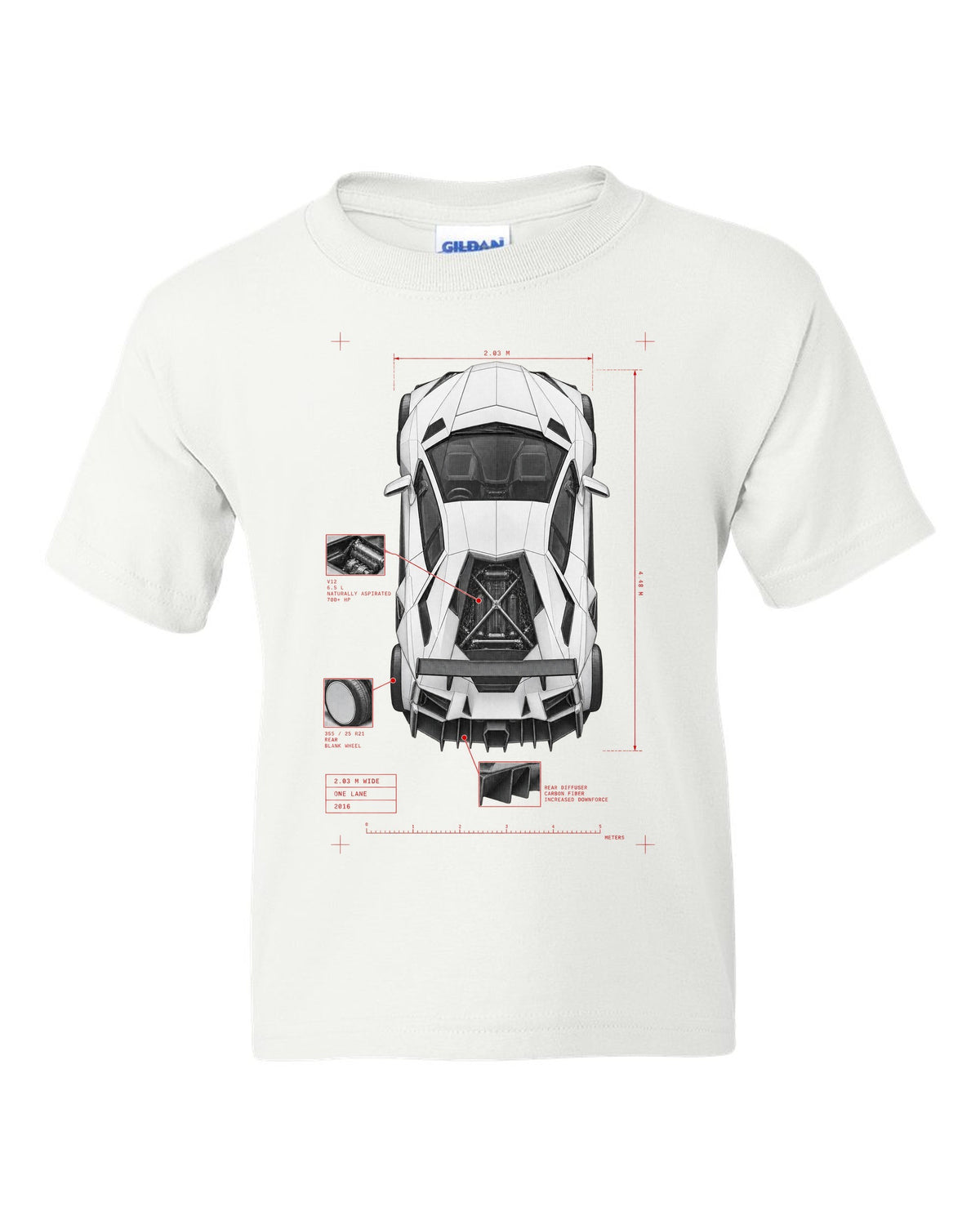 Lamborghini Aventador S LP740-4 spec poster print reading 2.03 M wide, one lane, 2016 white kids tee front view with the design