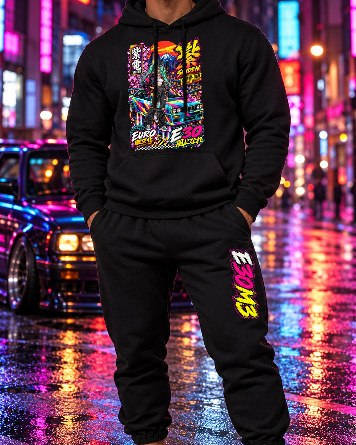 E30M3 Shiden Anime Girl Poster Hoodie + Jogger Set Black worn hero