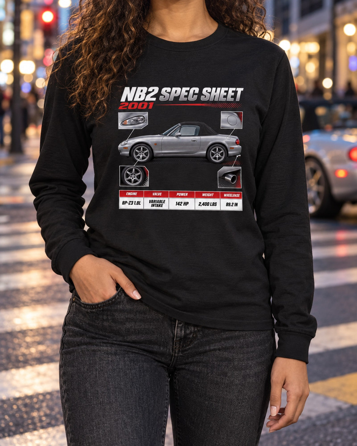 Mazda MX-5 NB2 Spec Sheet Shirt, 2001 Variable Intake Long Sleeve Black worn hero