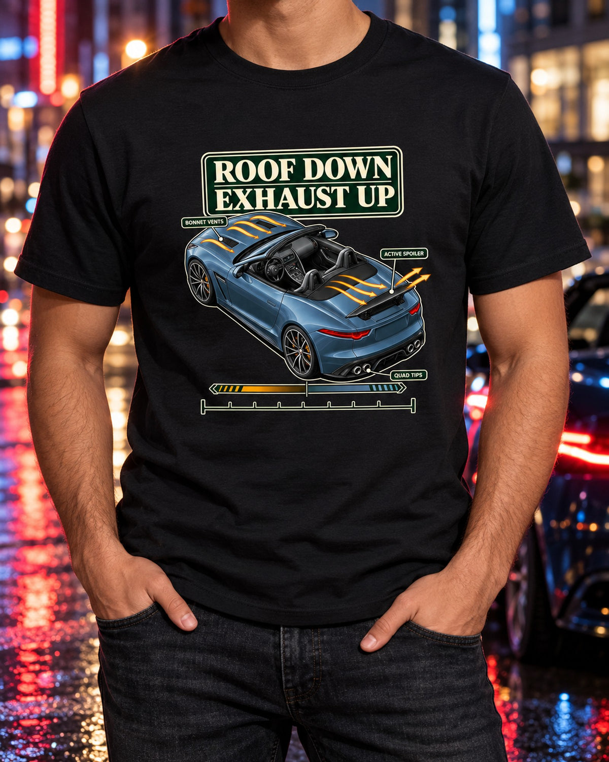Jaguar F-Type R Convertible Aero Callout Tee, Roof Down T-Shirt Black worn hero