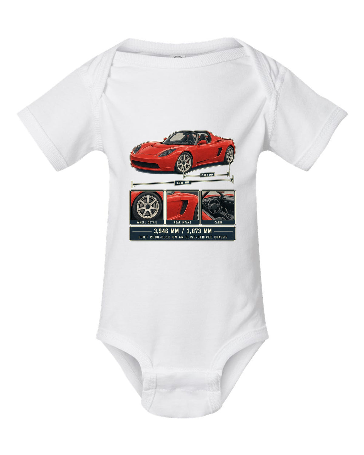 Dossier panel print of a first-generation Tesla Roadster with dimensions white baby onesie front view with the design