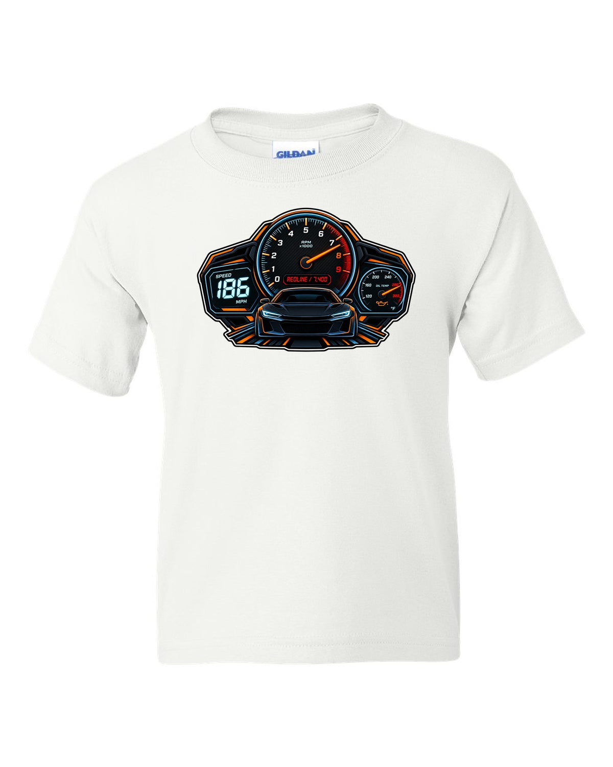 Gauge cluster HUD illustration for a Toyota GR86 ZN8 with Redline 7,400 lettering white kids tee front view with the design