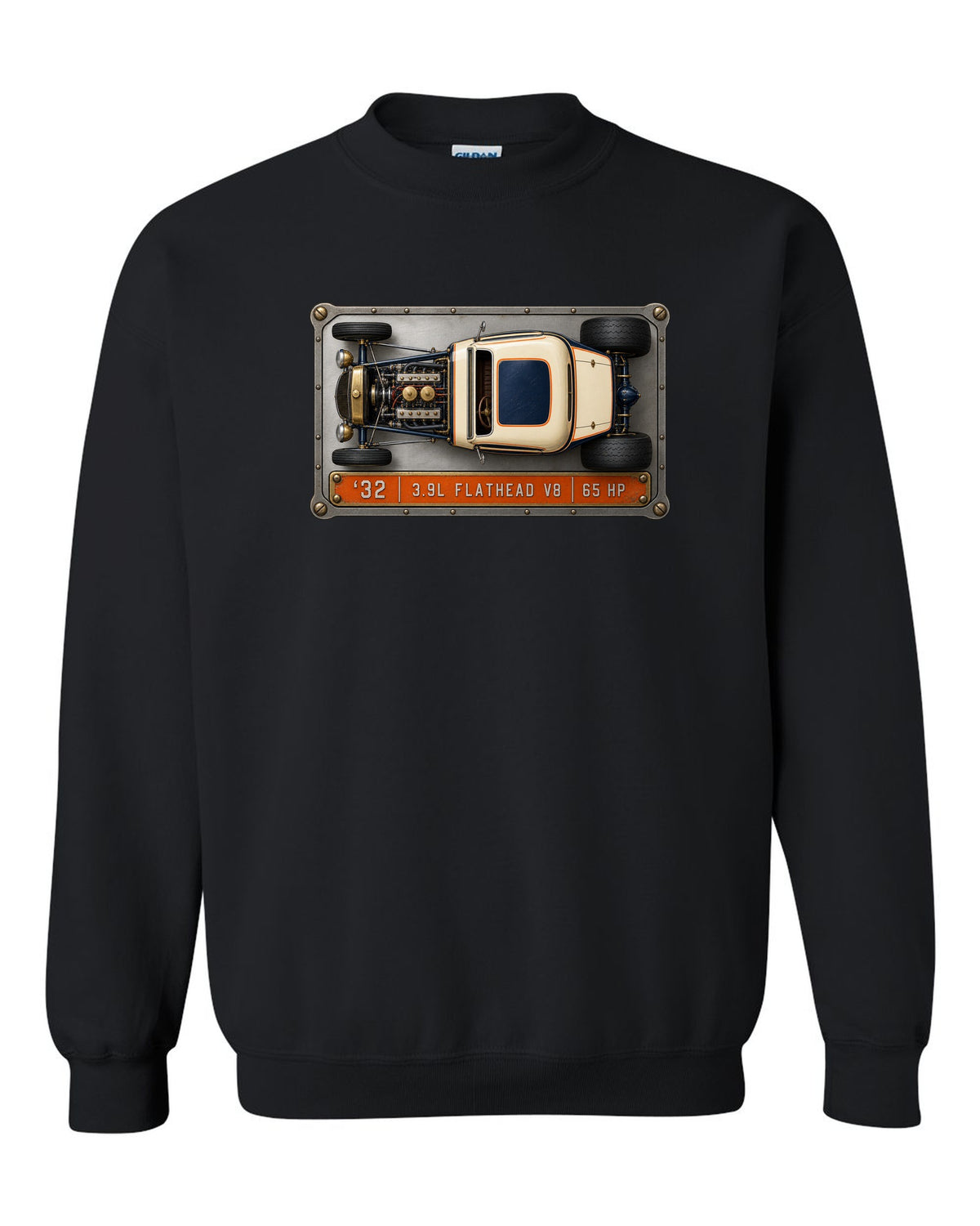 Spec sheet data plate print of a top-down 1932 Ford Deuce coupe with flathead V8 lettering black crewneck front view with the design