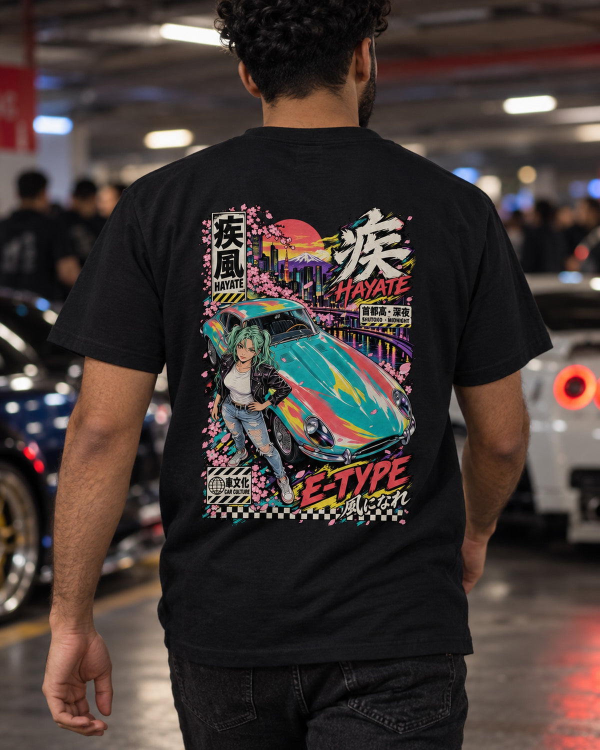 HAYATE E-TYPE Anime Girl Full-Back Graphic Tee T-Shirt Black worn hero