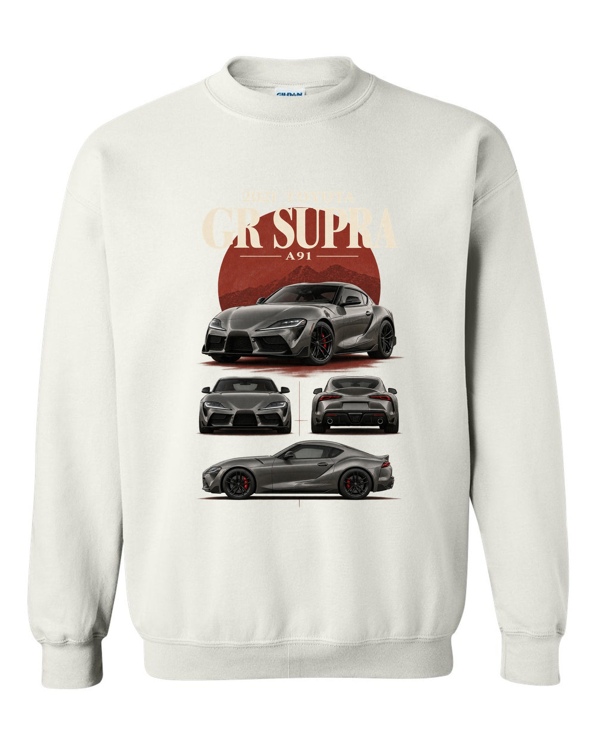 Graphite halftone front three-quarter of the Toyota GR Supra A90 with Made in Graz text white crewneck front view with the design