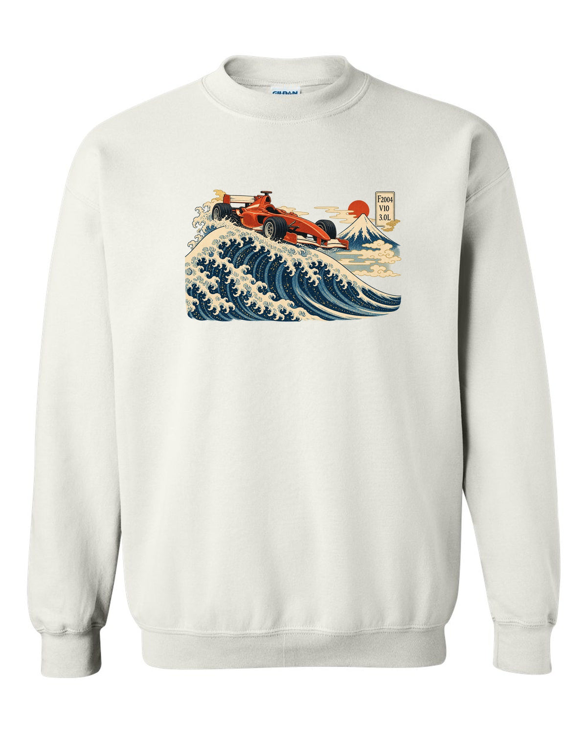 Woodblock print style Ferrari F2004 Formula 1 car in front of a wave with V10 lettering white crewneck front view with the design