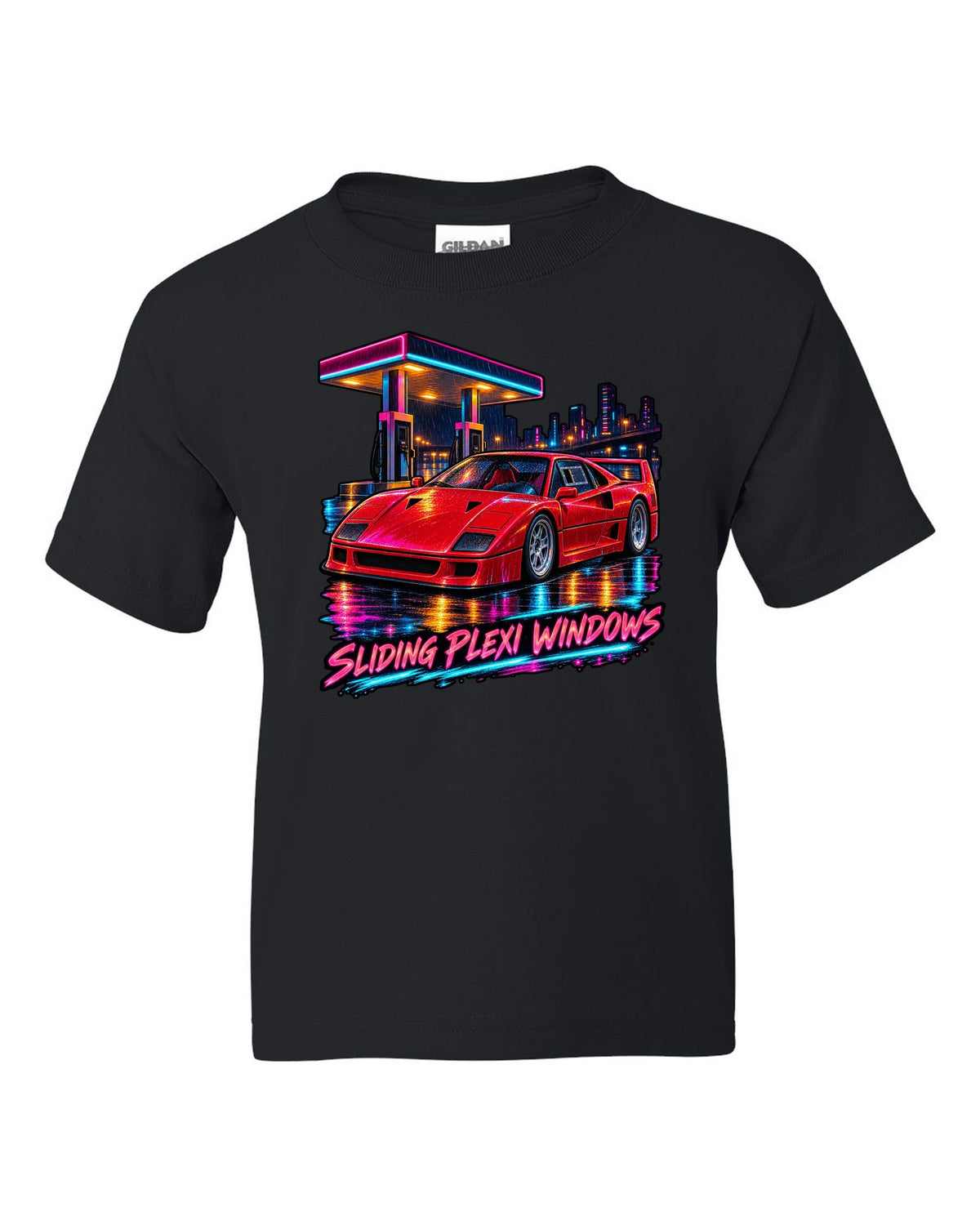 Neon night-city gouache print of a 1987 Ferrari F40 F120 with sliding plexi windows text black kids tee front view with the design