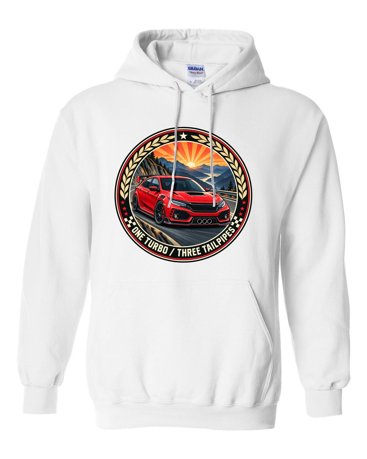 Original crest layout print for the Honda Civic Type R FK8 with one turbo three tailpipes text white pull over hoodie front view with the design