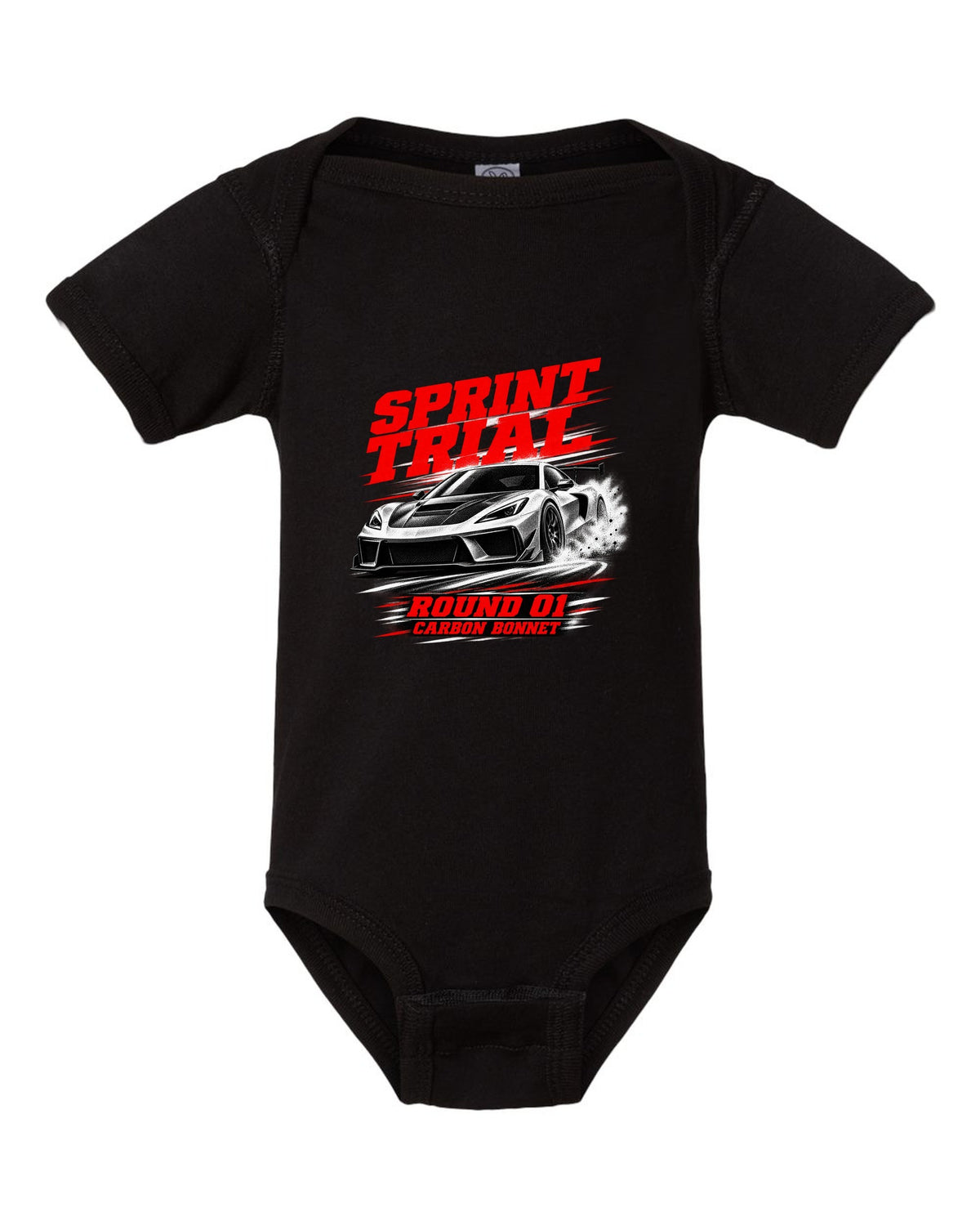 Honda NSX-R NA1 race poster design with sprint trial round 01 carbon bonnet text black baby onesie front view with the design