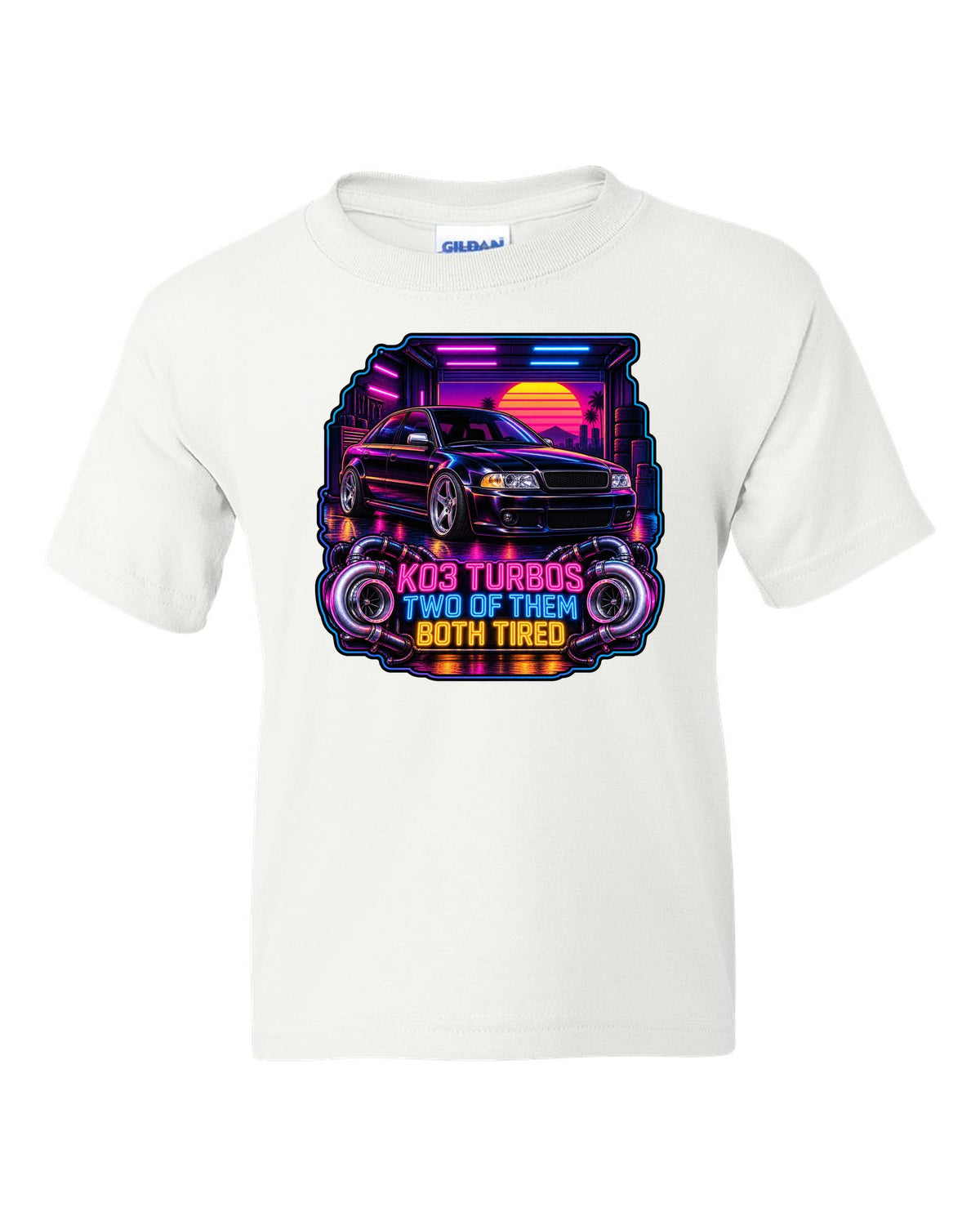 Synthwave print of an Audi S4 B5 sedan with K03 turbos text white kids tee front view with the design