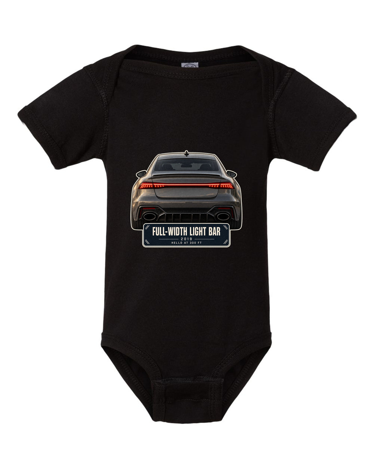 Taillight macro of the Audi RS7 Sportback C8 full-width light bar black baby onesie front view with the design