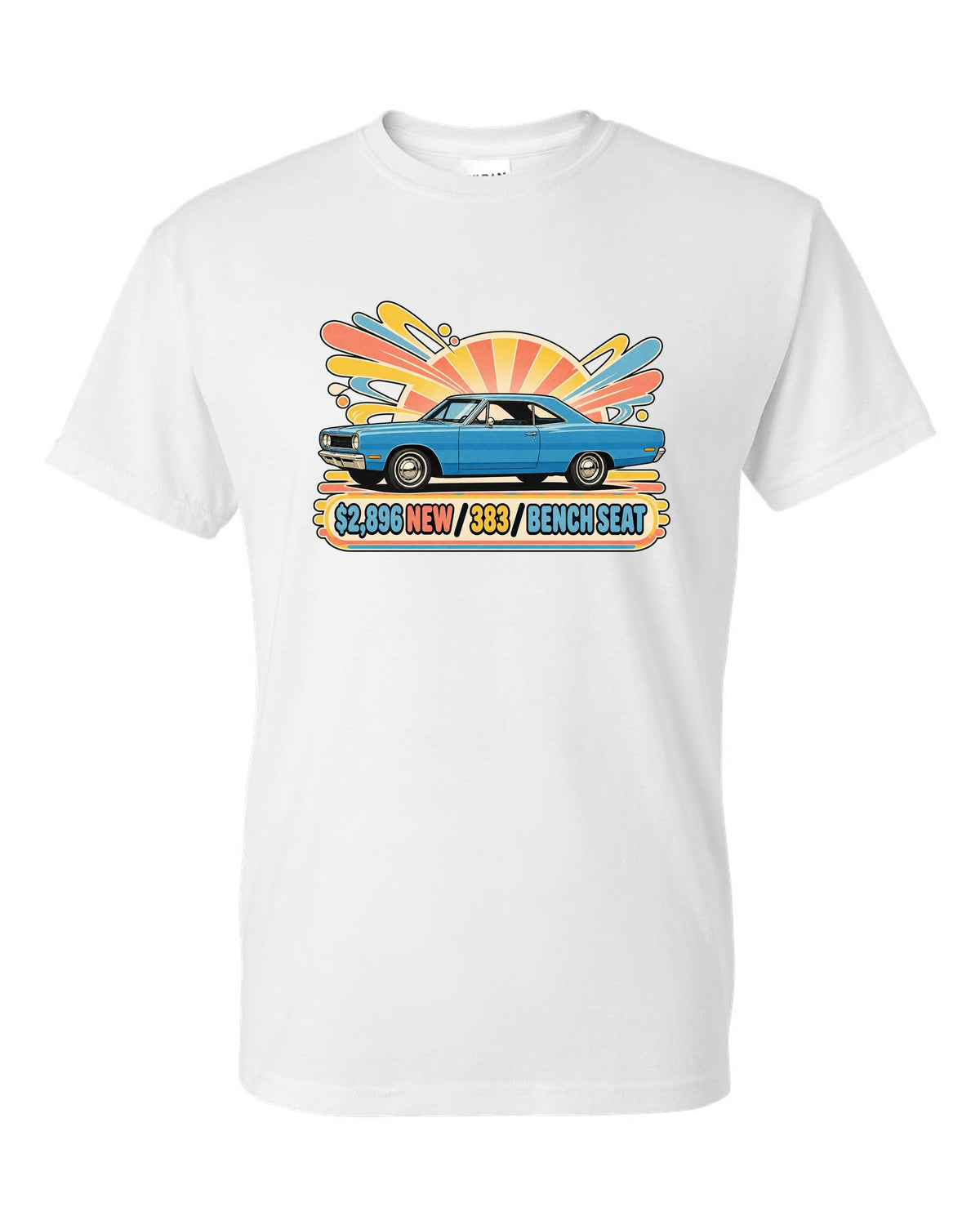 Retro Japanese showa catalogue ad of a 1968 Plymouth Road Runner with price 383 and bench seat text white t-shirt front view with the design