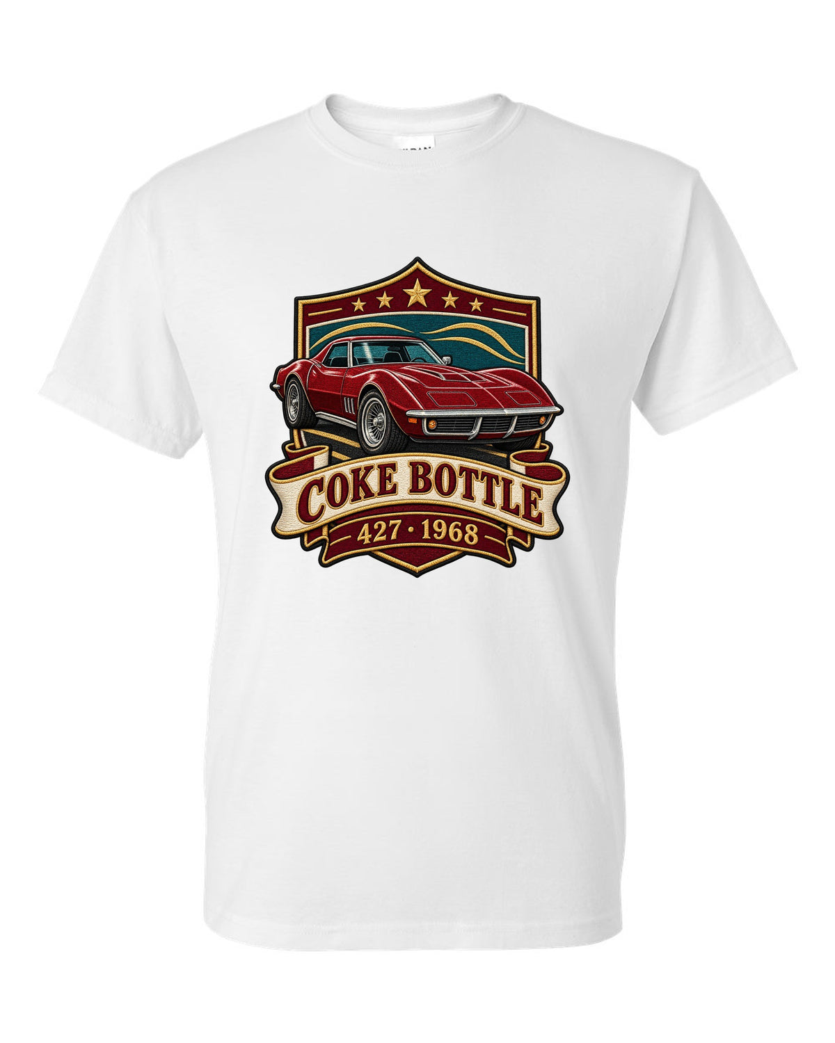 Embroidery style shield crest print of a 1968 Chevrolet Corvette C3 Stingray with Coke Bottle 427 text white t-shirt front view with the design