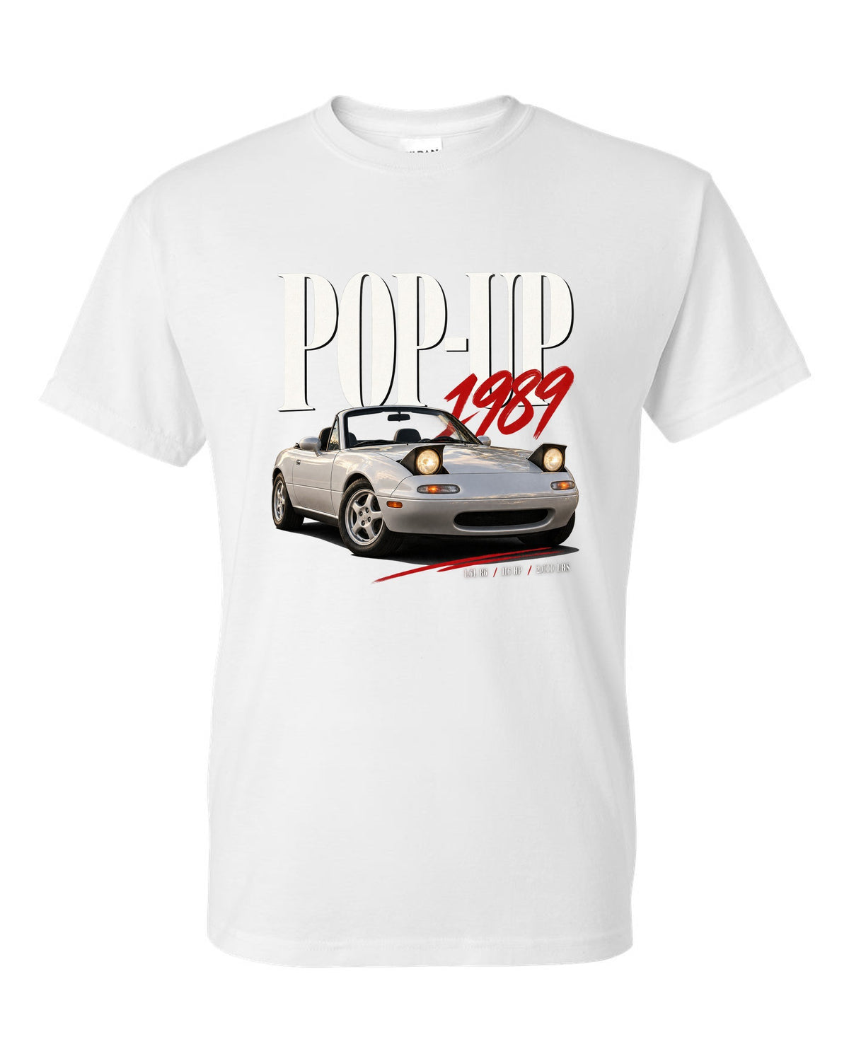 Editorial headline print for the Mazda MX-5 NA 1989-97 reading pop-up, 1989, 1.6L B6 white t-shirt front view with the design