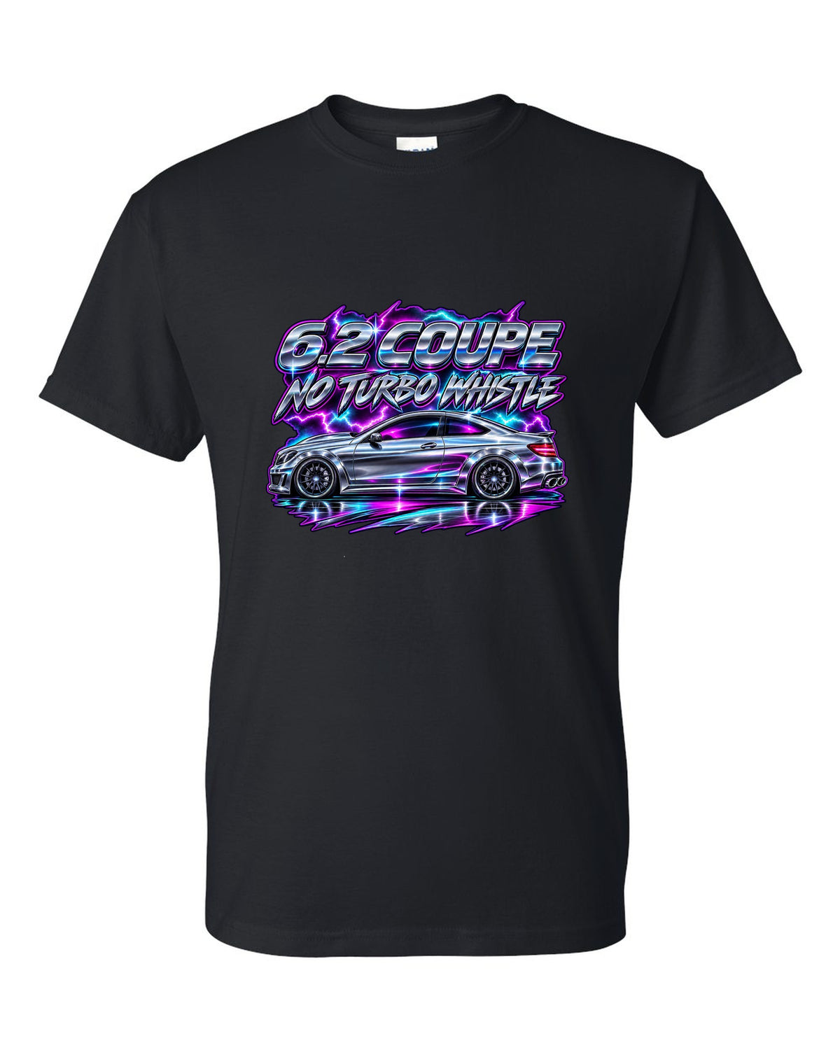 80s chrome airbrush print of a Mercedes C63 Coupe C204 black t-shirt front view with the design
