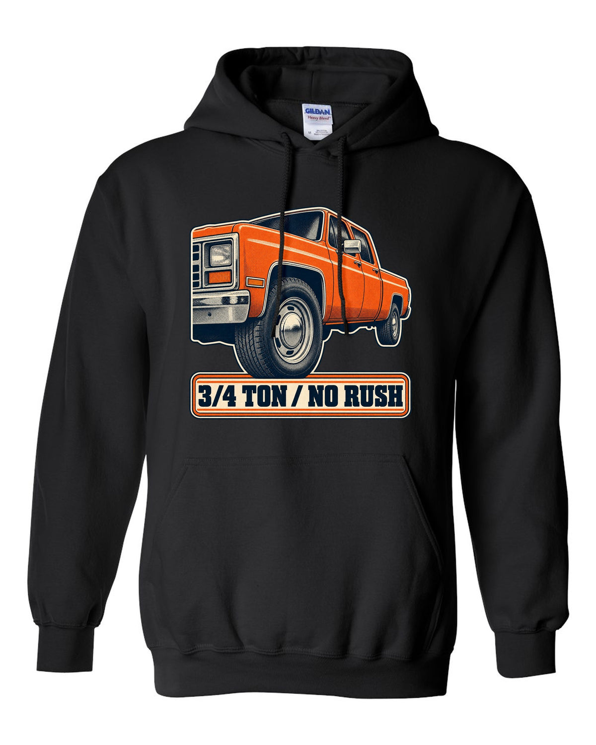 Retro halftone print of a steel wheel close-up on a 1973-87 Chevrolet C20 Squarebody with 3/4 ton lettering black pull over hoodie front view with the design
