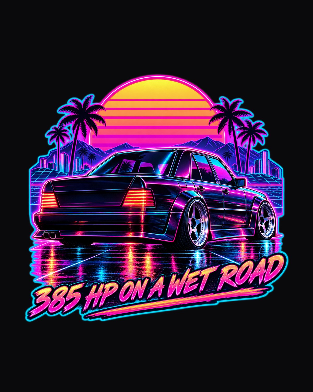 Mercedes 300E Hammer W124 Synthwave Wet Road Shirt design only