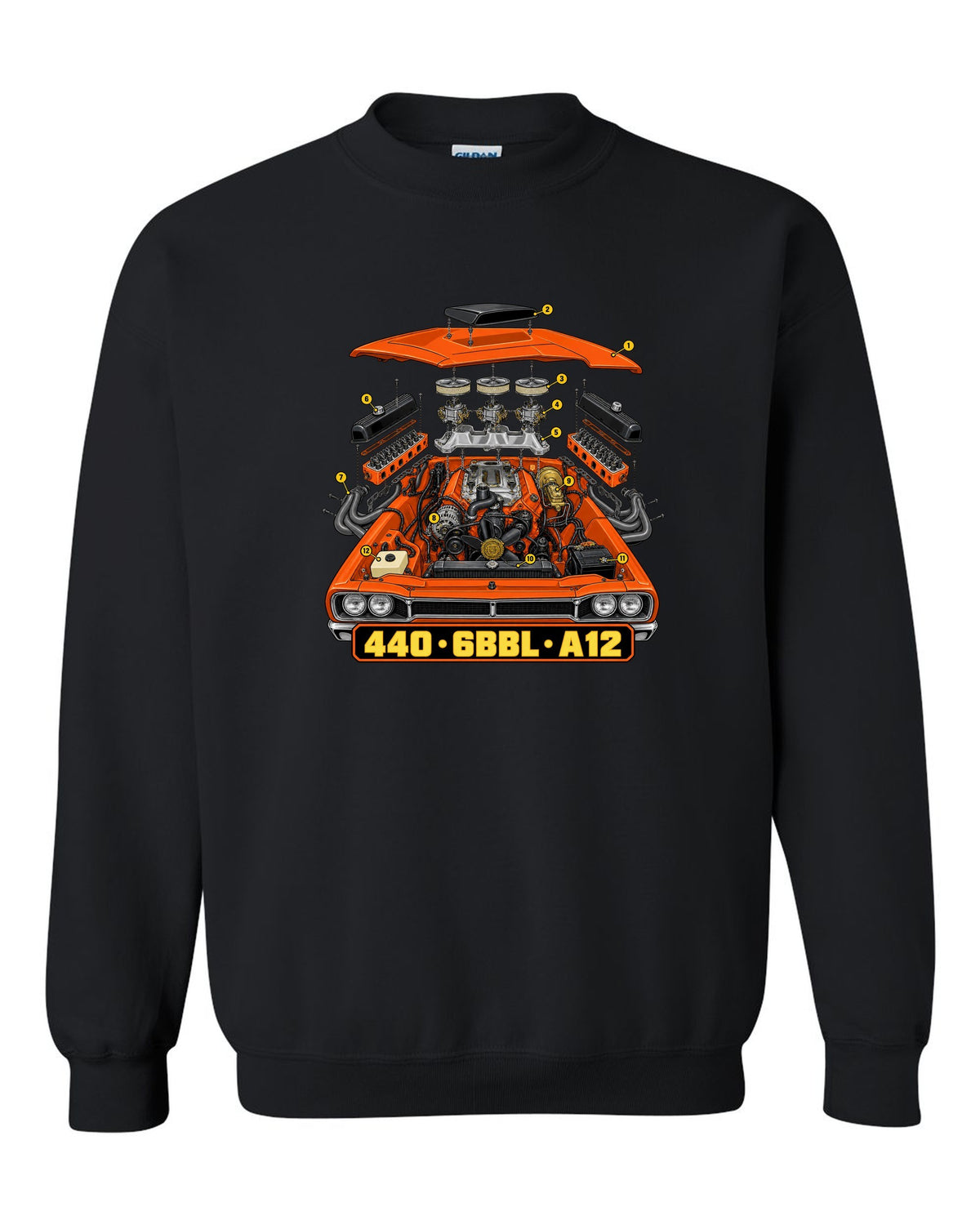 Isometric exploded technical drawing of the 440 six-barrel engine in a 1969 Dodge Coronet Super Bee A12 black crewneck front view with the design