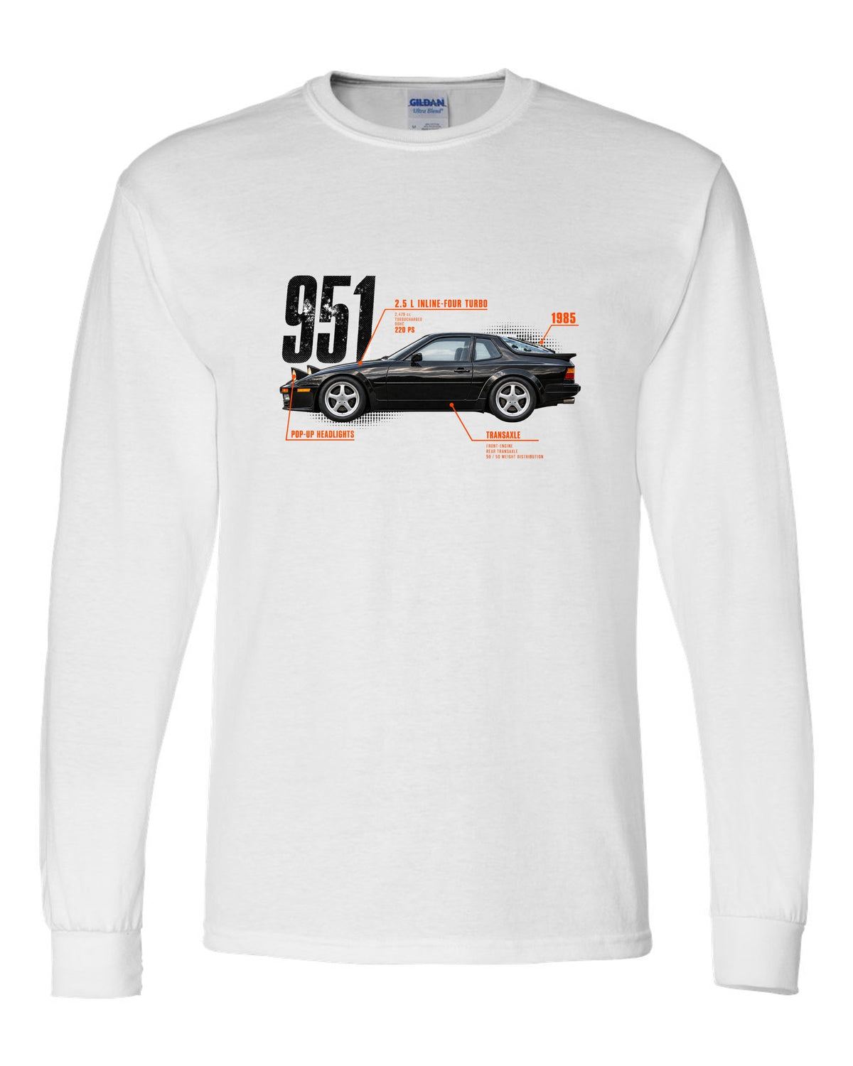 Spec poster print of a Porsche 944 Turbo 951 with 2.5 L turbo four, transaxle and pop-up headlights lettering white long sleeve front view with the design