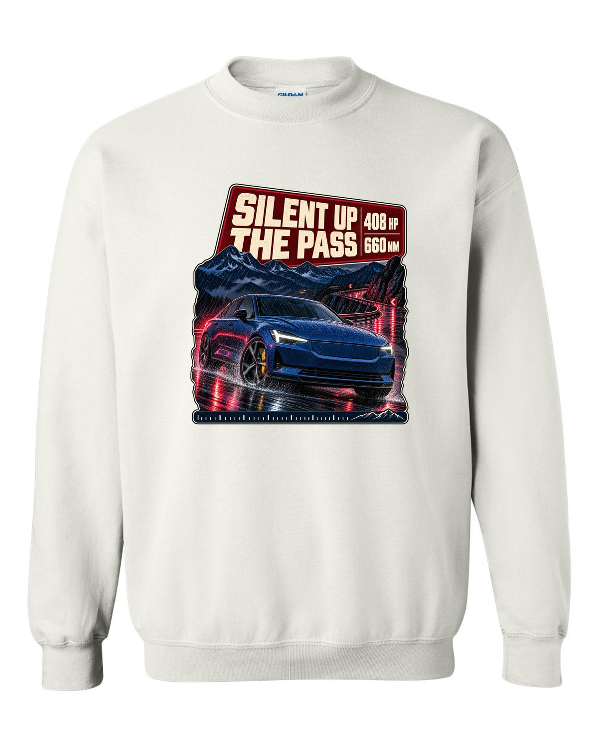 Polestar 2 Launch Edition driving a mountain pass at night, print design white crewneck front view with the design