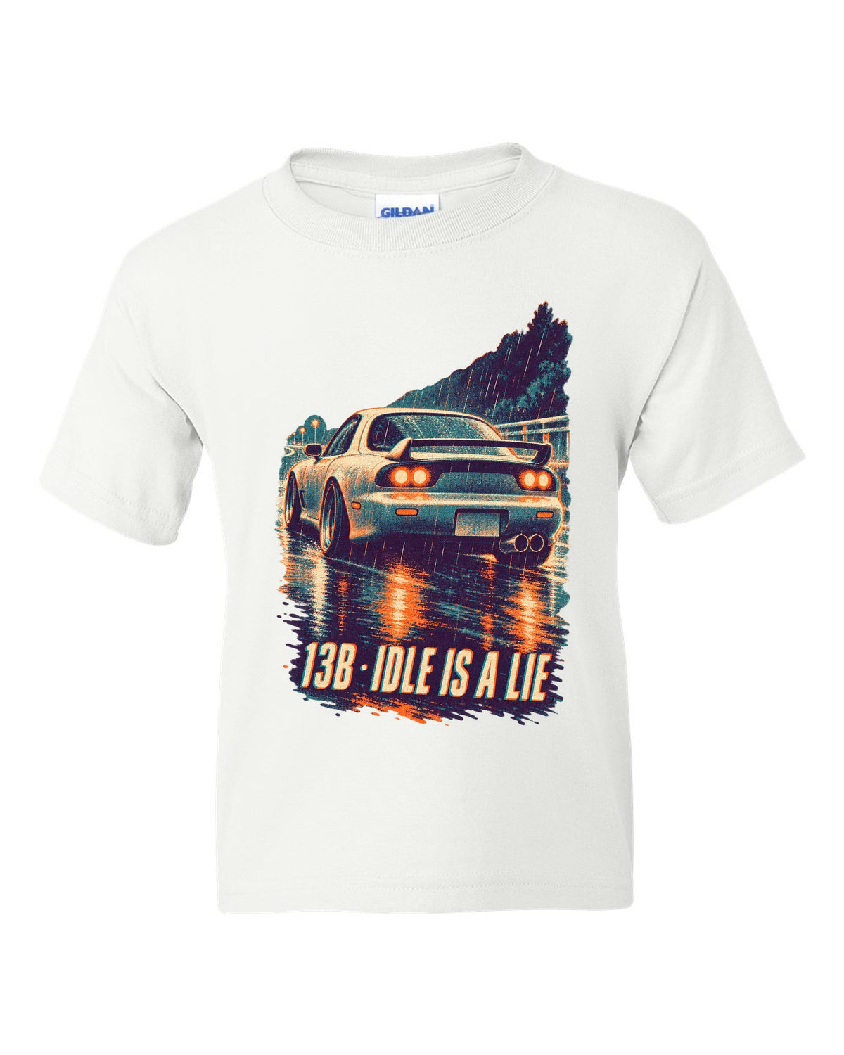 Three-colour risograph print for the Mazda RX-7 FD3S with 13B idle is a lie lettering white kids tee front view with the design
