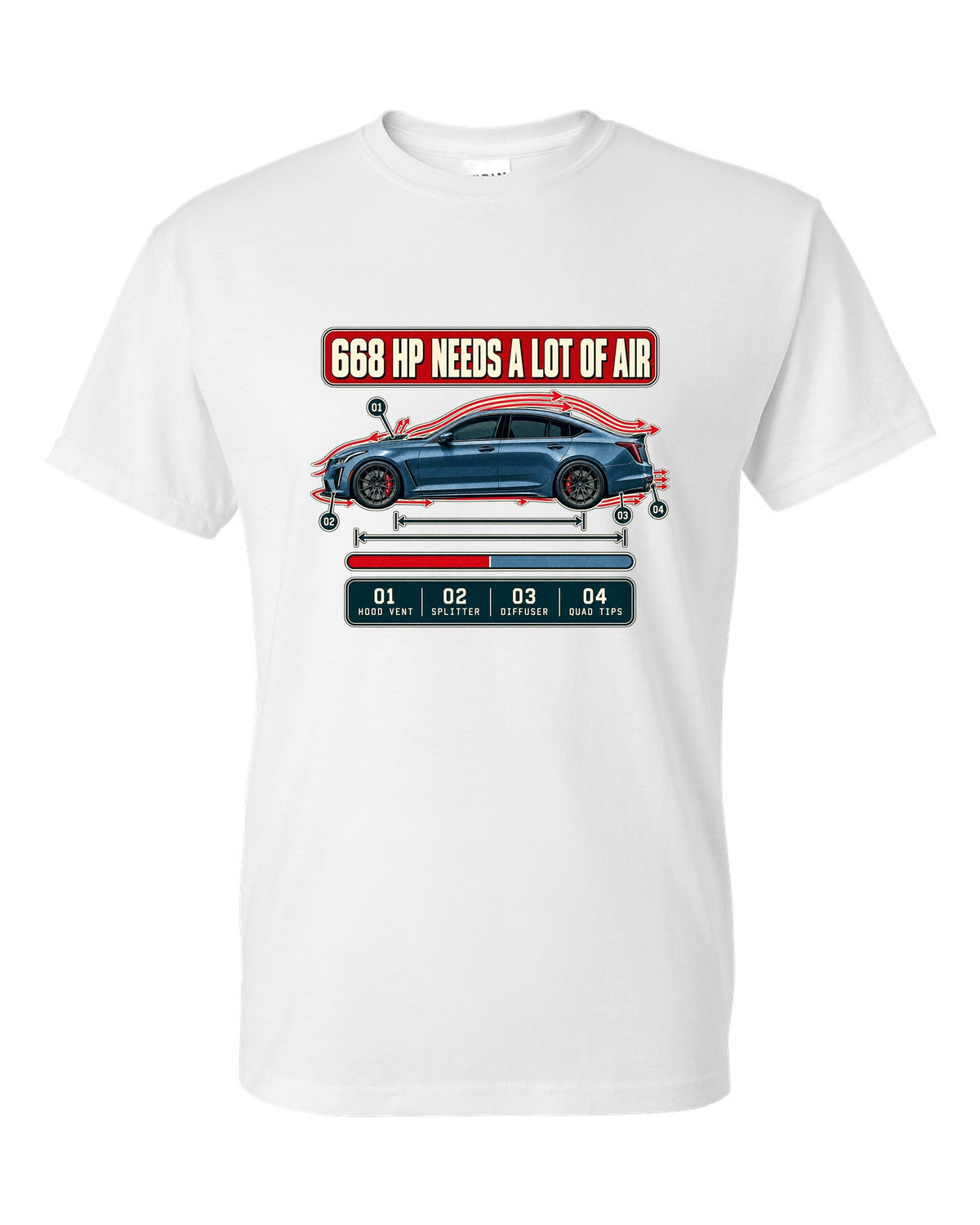 Aero cutaway print of a Cadillac CT5-V Blackwing with numbered callouts white t-shirt front view with the design