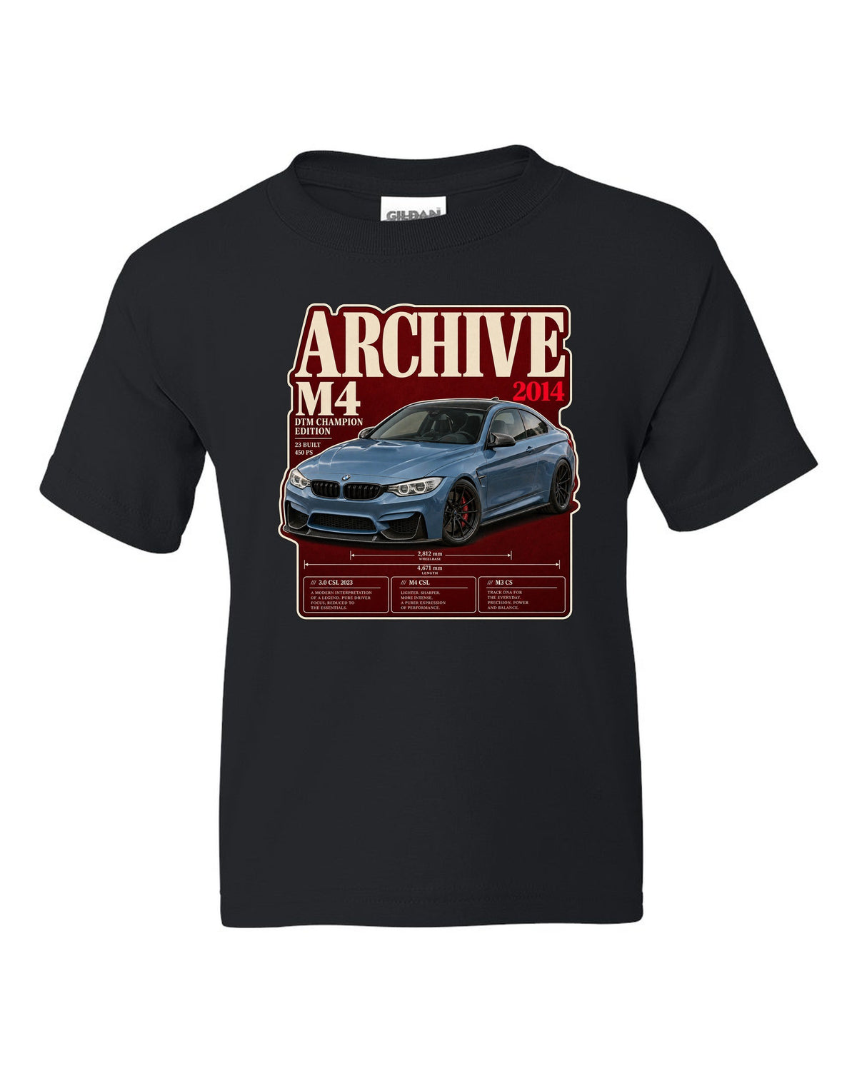 BMW M4 DTM Champion Edition F82 archive panel print black kids tee front view with the design