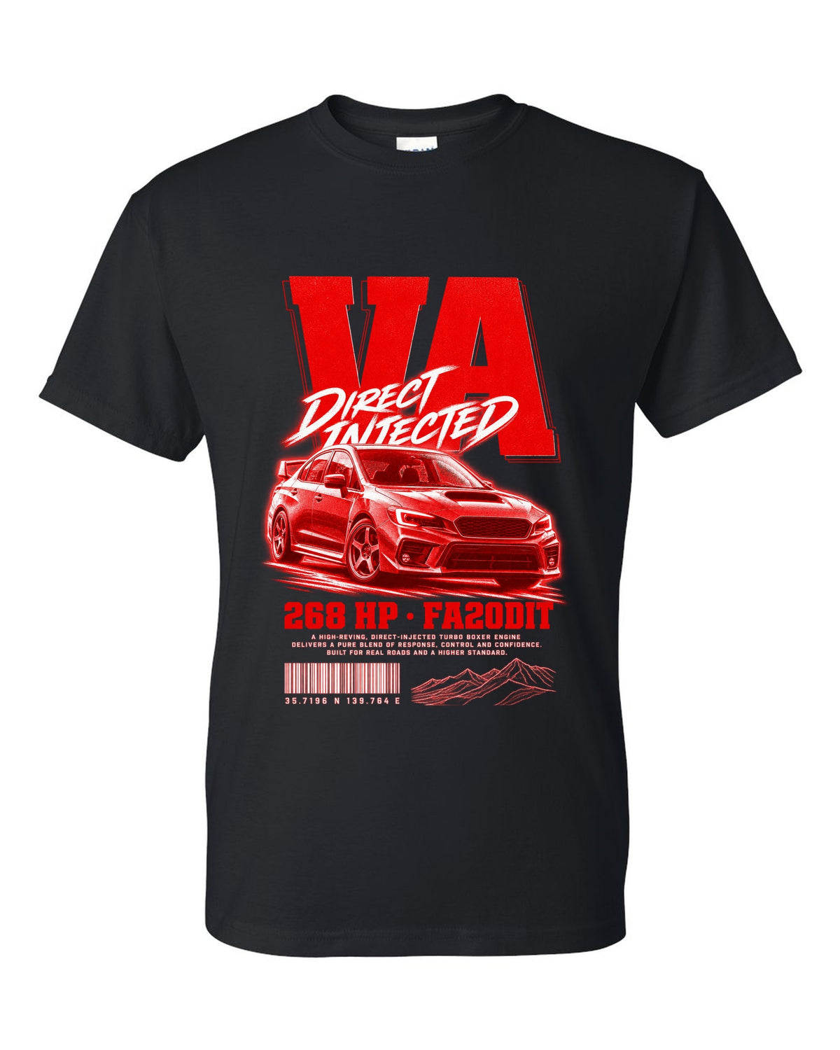 Street poster print for the Subaru WRX VA reading Direct Injected, 268 HP, FA20DIT black t-shirt front view with the design
