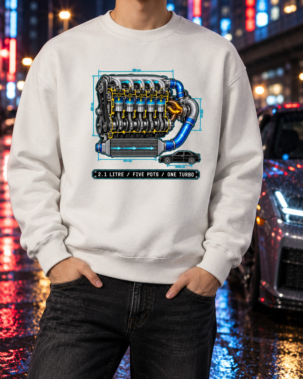 Audi Ur-Quattro Type 85 Five-Pot Technical Blueprint Shirt Crewneck White worn hero