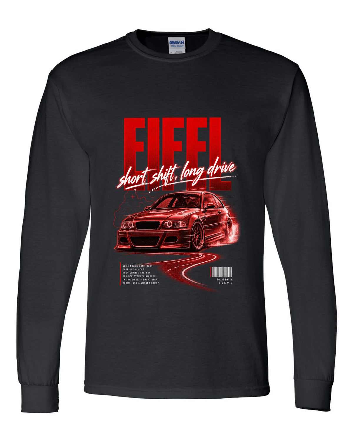 BMW E46 M3 coupe street poster print naming Eifel with short shift long drive text black long sleeve front view with the design