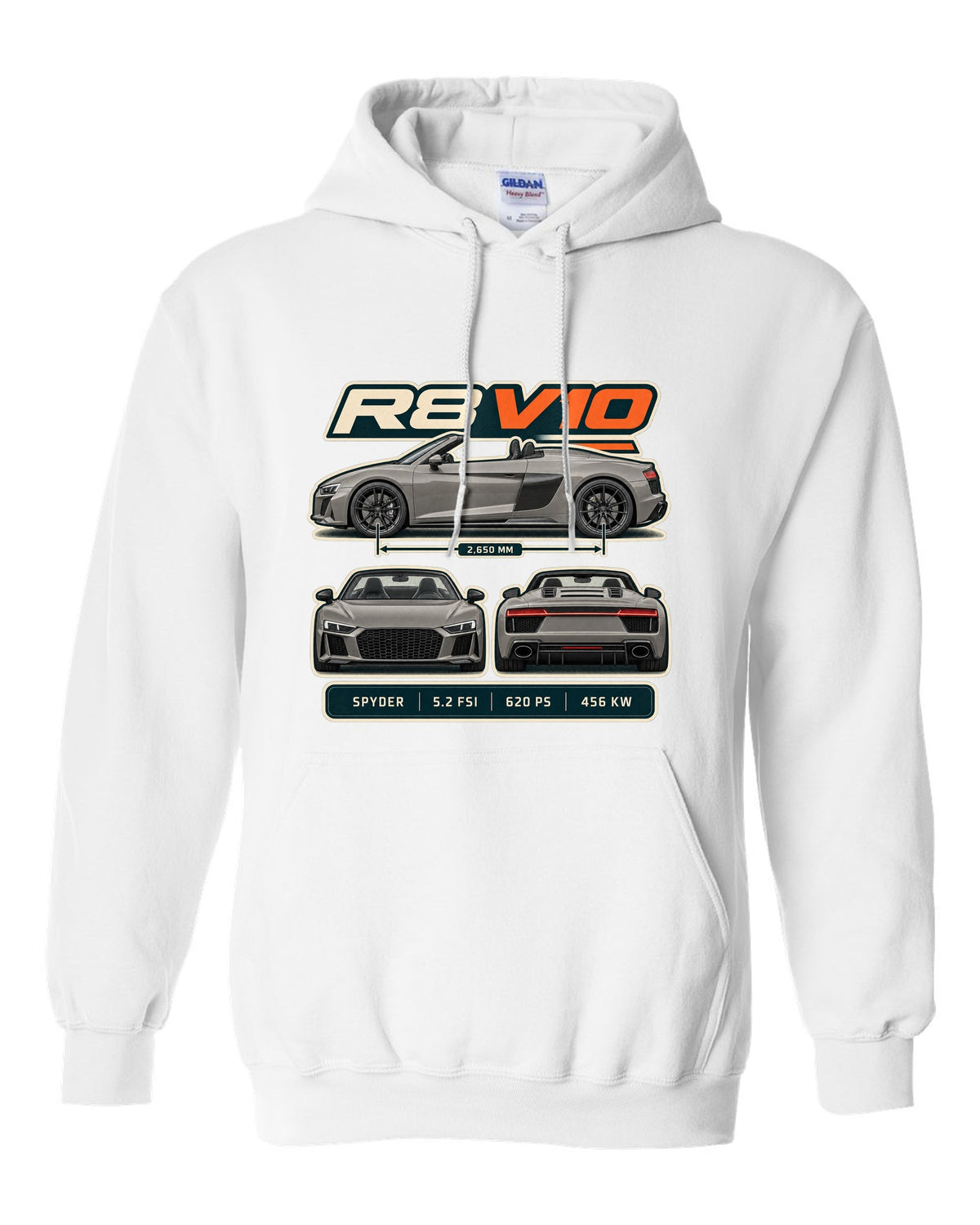 Audi R8 Spyder V10 performance three-view spec table print design white pull over hoodie front view with the design