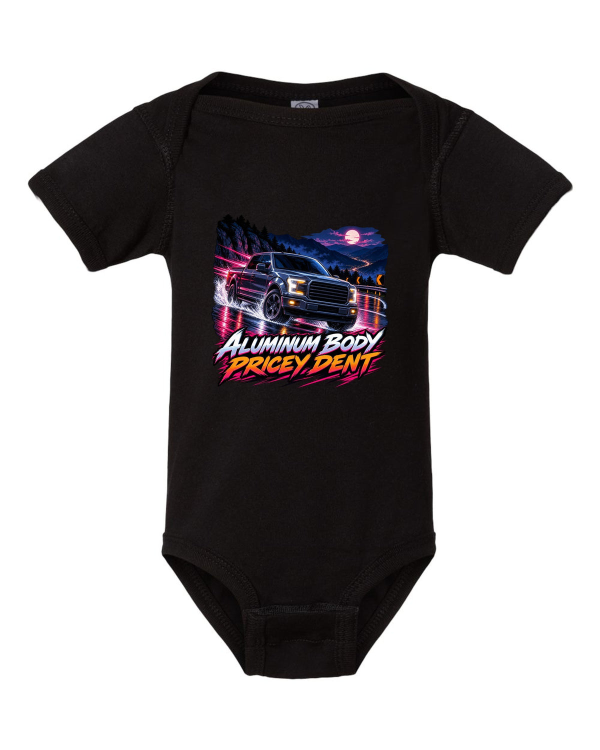 Cel-shaded anime night mountain pass print of a 2015-20 Ford F-150 P552 truck black baby onesie front view with the design