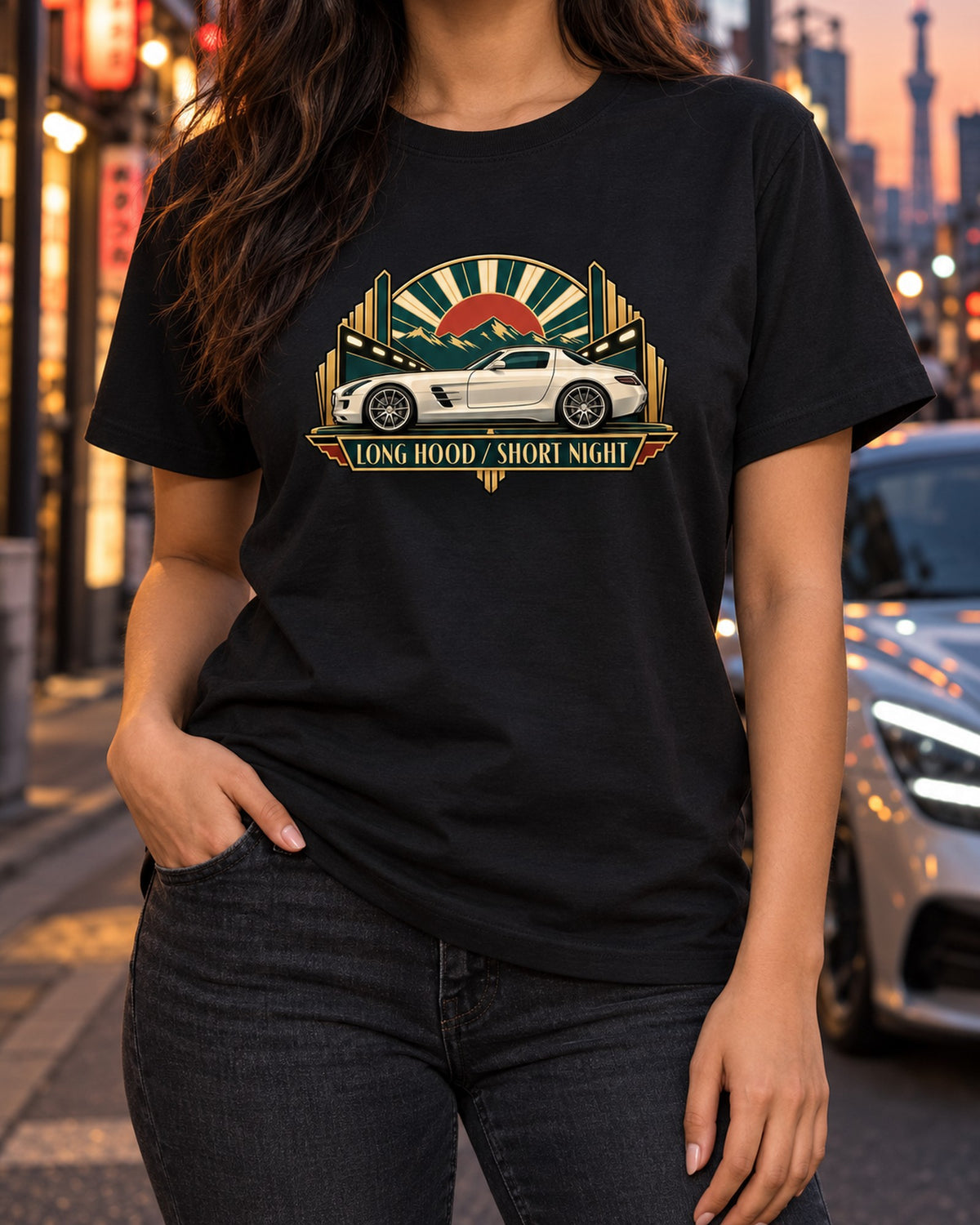Mercedes SLS AMG C197 80s Chrome Tail Light Tee, Car Guy Gift T-Shirt Black worn hero