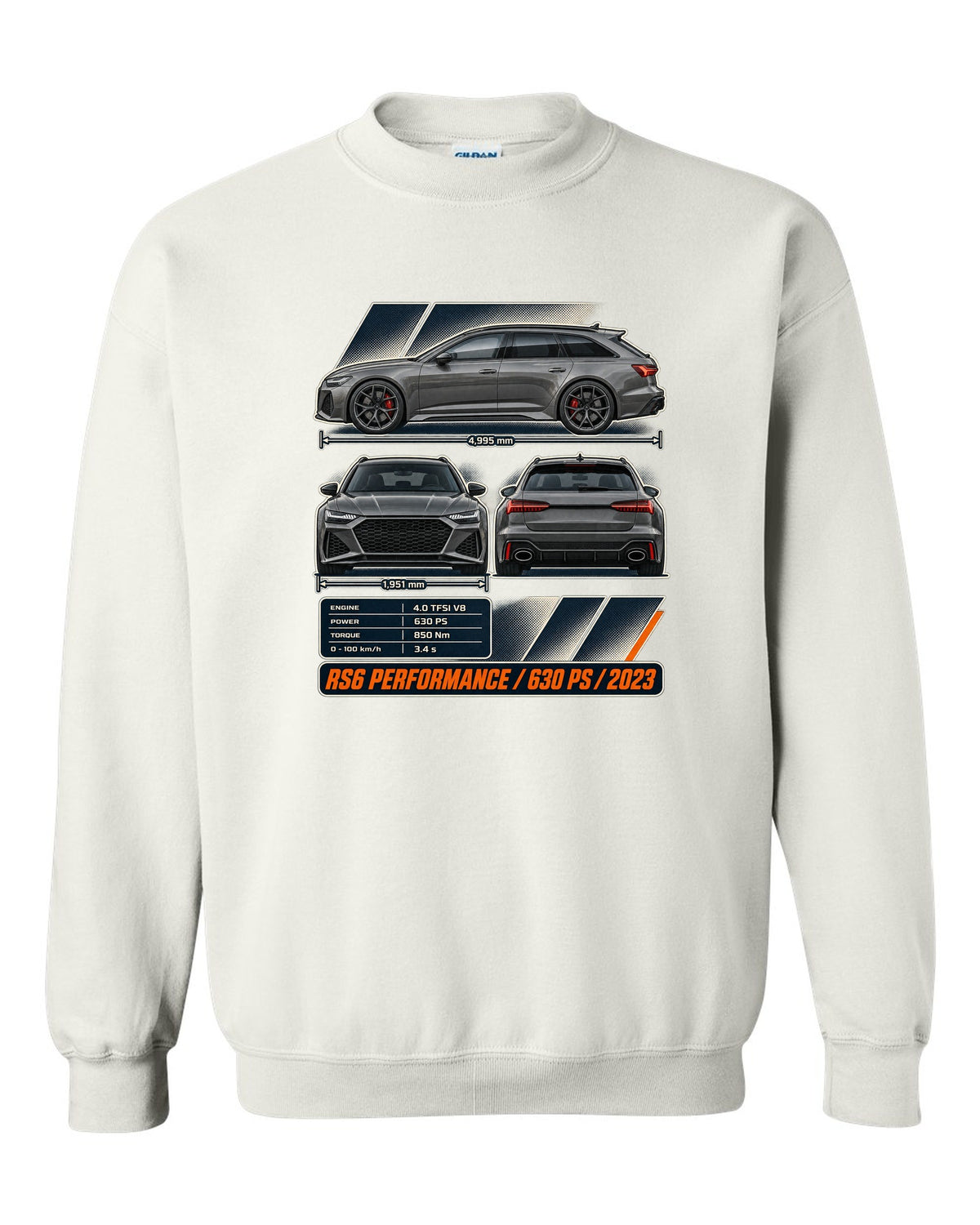 Audi RS6 Avant Performance three-view drawing with spec table white crewneck front view with the design