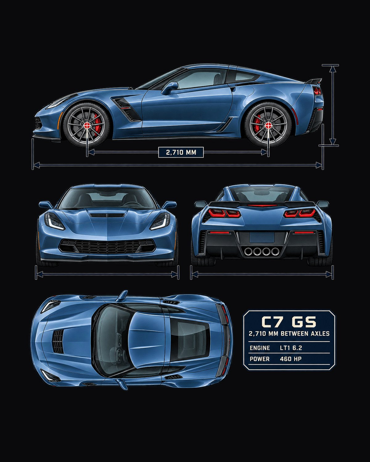 Corvette C7 Grand Sport Dimension Blueprint Tee, 2,710 mm Wheelbase design only