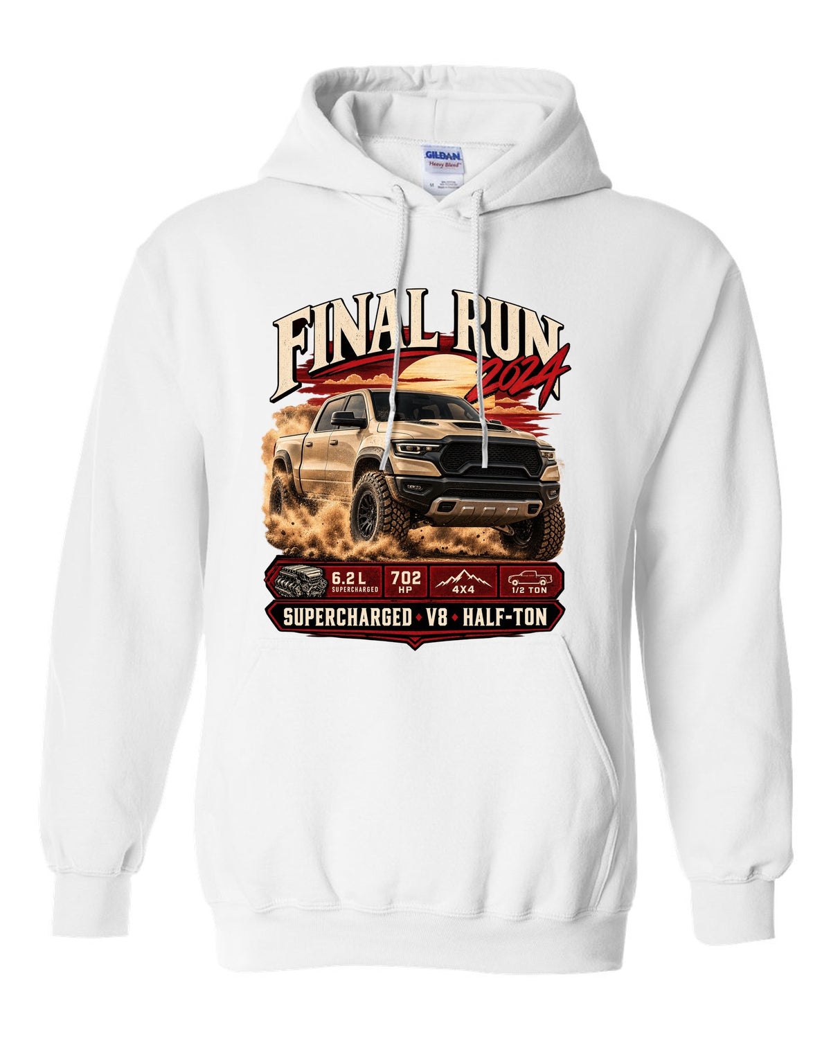 Archive panel print of a 2024 Ram 1500 TRX Final Edition with final run and supercharged V8 text white pull over hoodie front view with the design