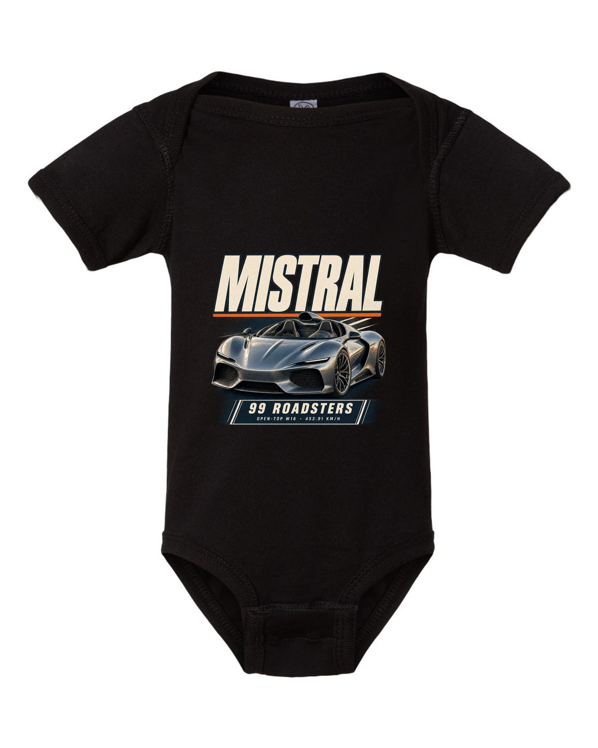 Editorial headline poster of the Bugatti Mistral open-top roadster, print black baby onesie front view with the design