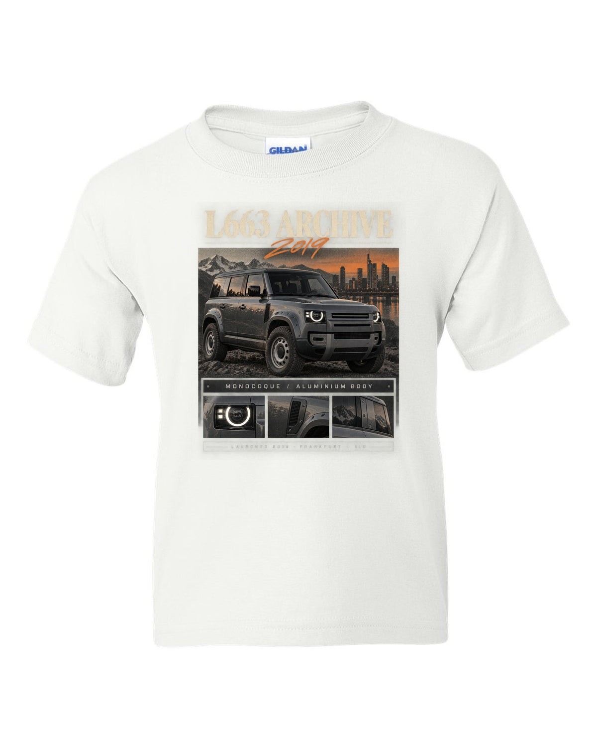 Land Rover Defender L663 110 archive panel print with 2019 Frankfurt text white kids tee front view with the design